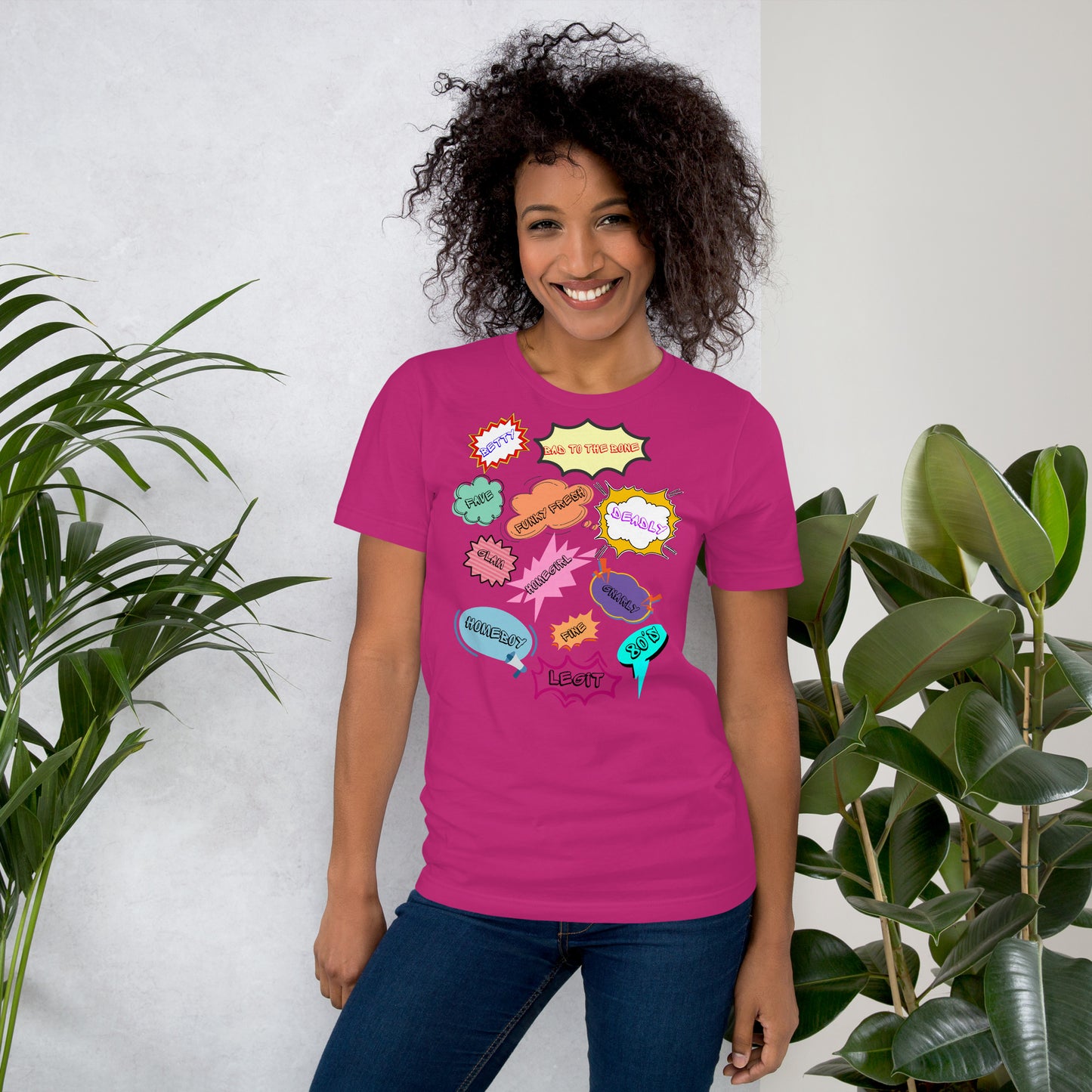 Unisex 80s graphic t-shirt with comic-style slang design by Hipyfi Clothes & Design. berry-front