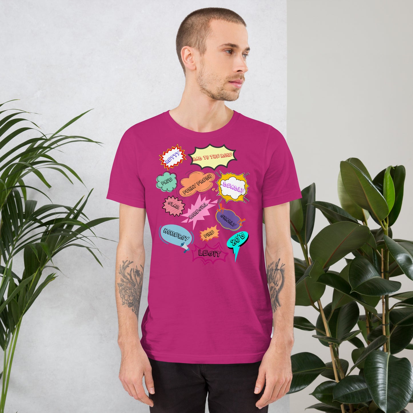 Unisex 80s graphic t-shirt with comic-style slang design by Hipyfi Clothes & Design. berry-front-2