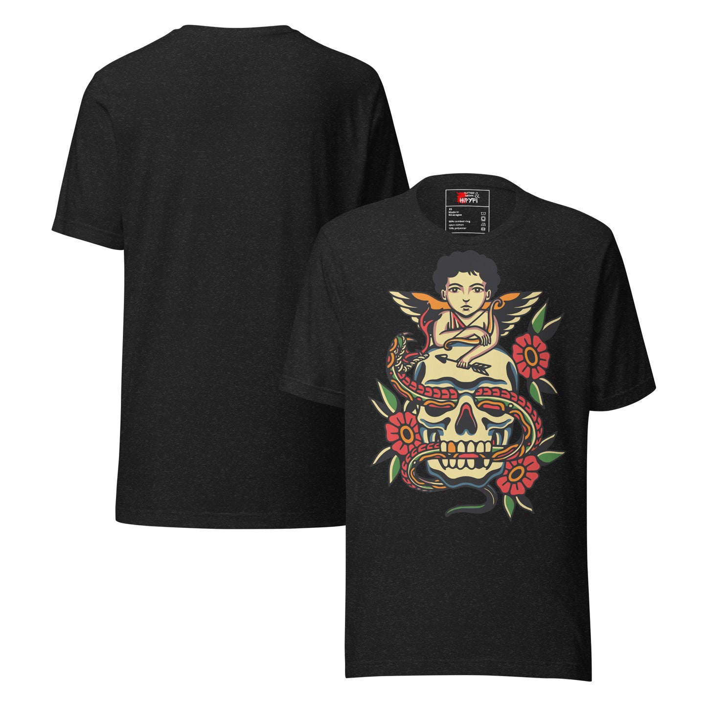 Unisex tattoo art T-shirt featuring cherub, skull, and snake design – Hipyfi vintage graphic tee. black-heather-front-3