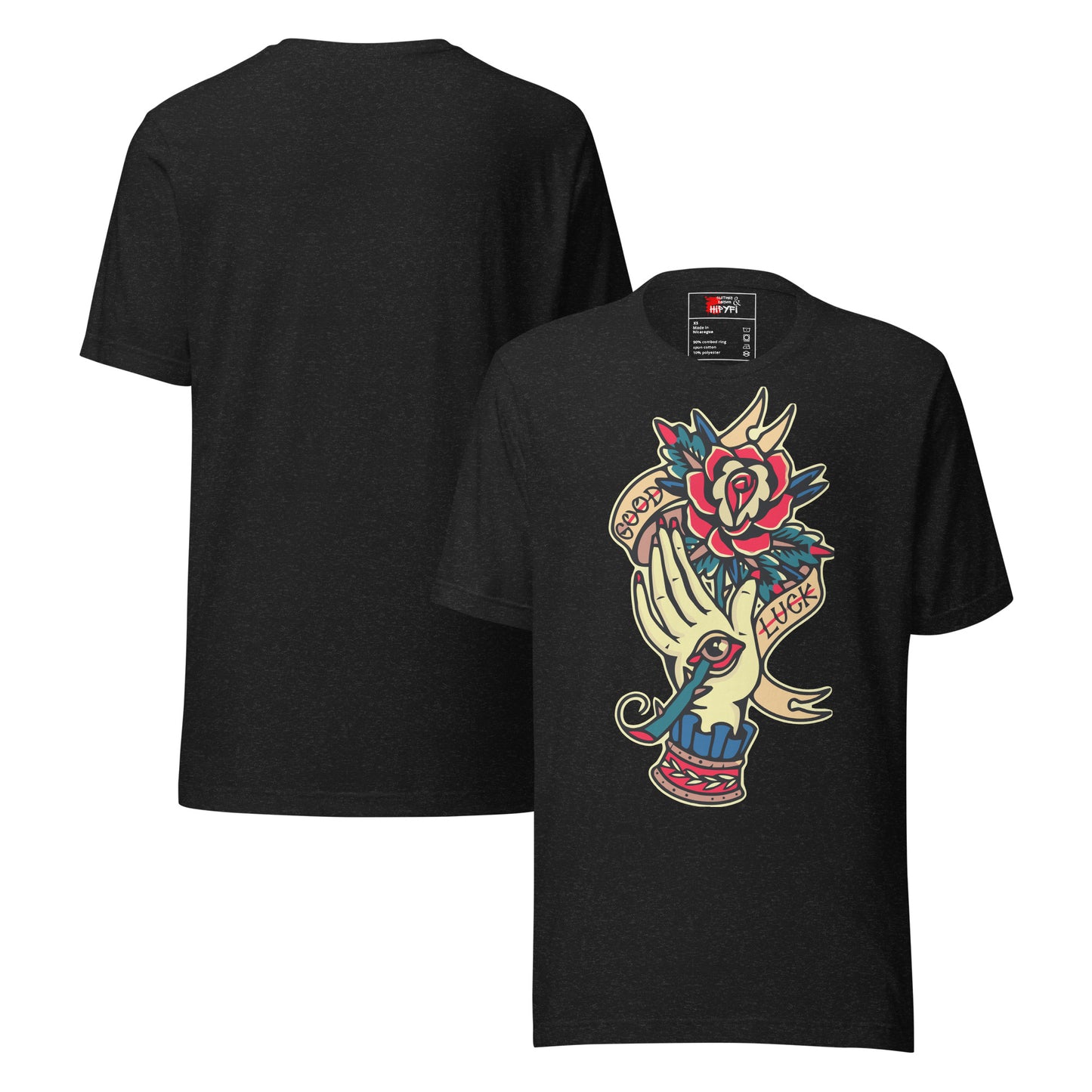 Unisex vintage tattoo t-shirt with good luck rose and hand design by Hipyfi Clothes & Design. black-heather-front-and-back