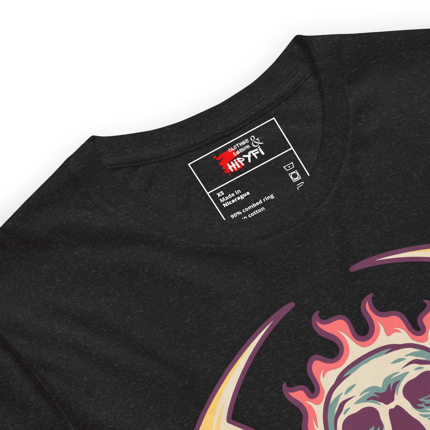 Hipyfi unisex graphic t-shirt featuring flame skull and surreal smiley design in streetwear style. product-details