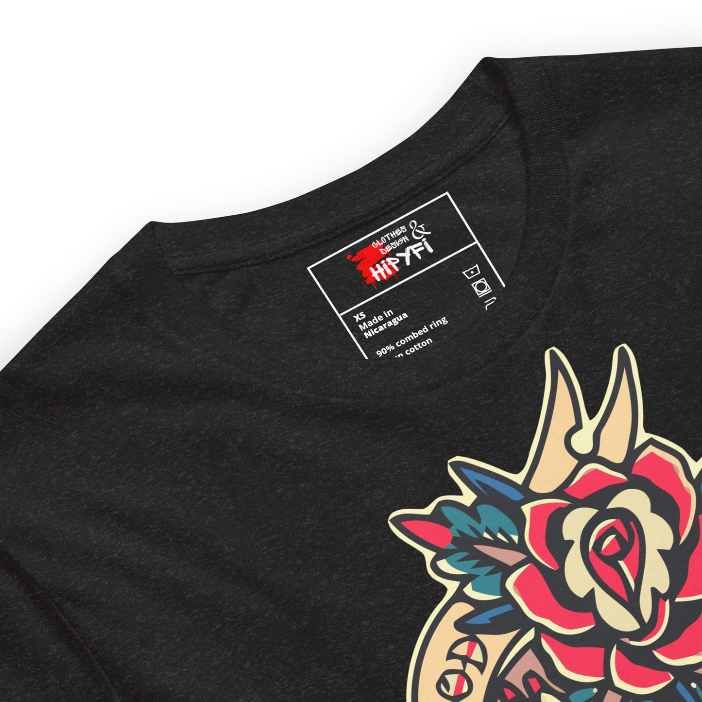Unisex vintage tattoo t-shirt with good luck rose and hand design by Hipyfi Clothes & Design. product-details