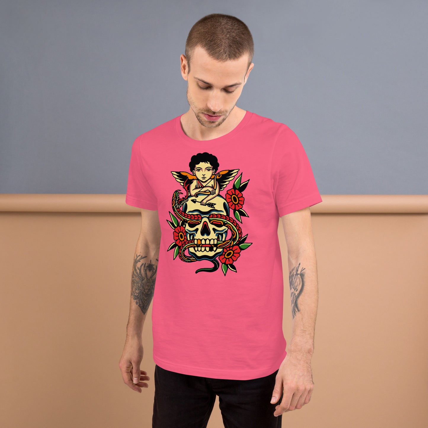 Unisex tattoo art T-shirt featuring cherub, skull, and snake design – Hipyfi vintage graphic tee. charity-pink-front-2