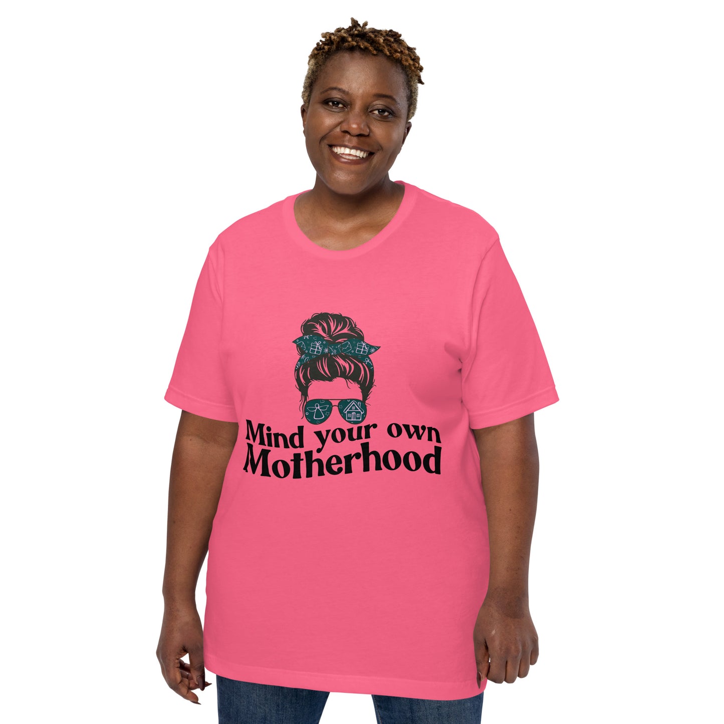 Empowered Mama unisex graphic t-shirt with 'Mind Your Own Motherhood' design – Hipyfi Clothes & Design. charity-pink-front-2