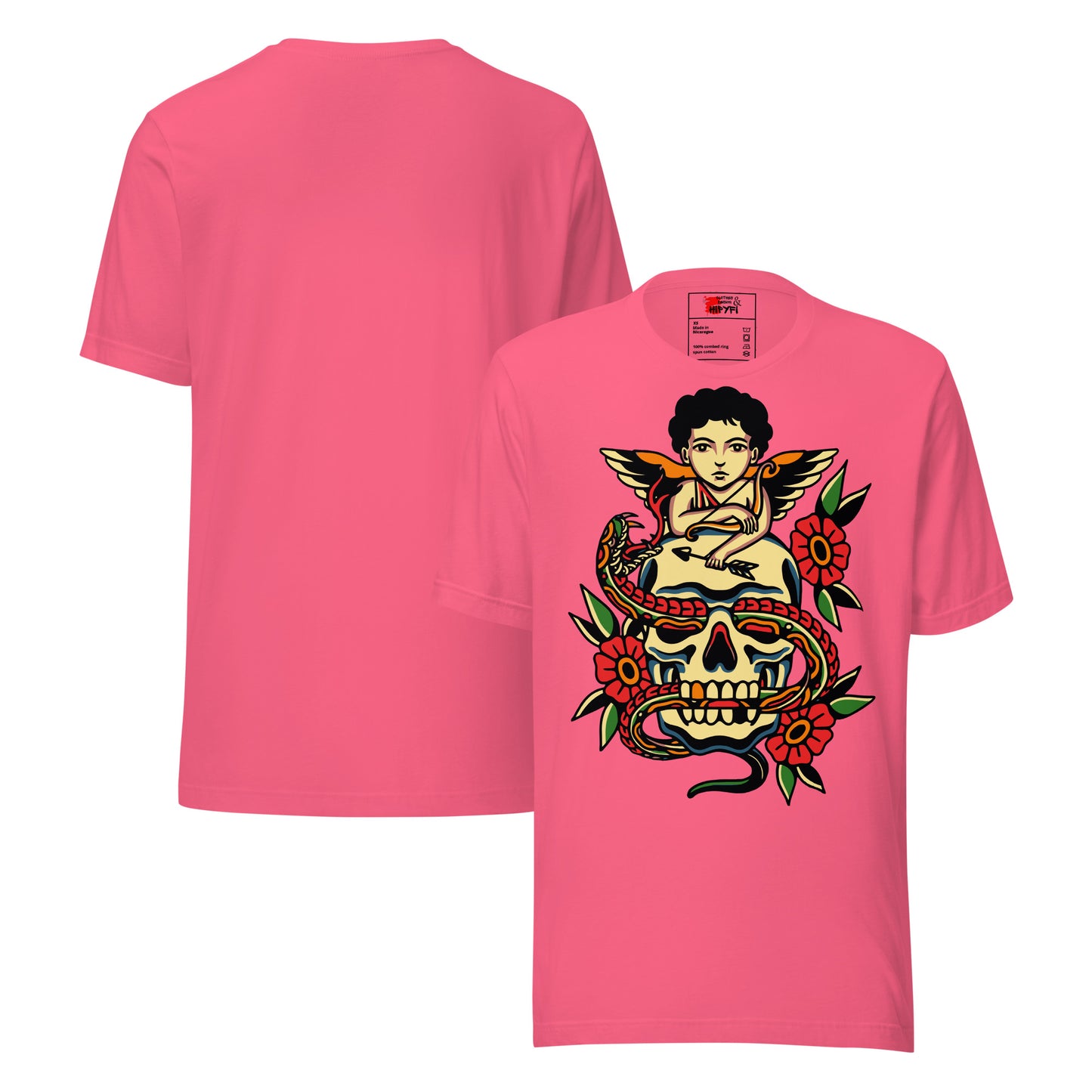 Unisex tattoo art T-shirt featuring cherub, skull, and snake design – Hipyfi vintage graphic tee. charity-pink-front-3