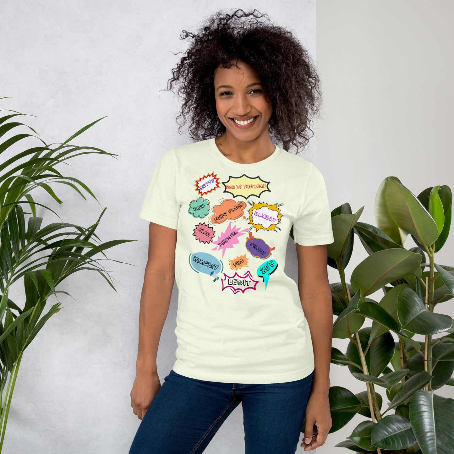Unisex 80s graphic t-shirt with comic-style slang design by Hipyfi Clothes & Design. citron-front