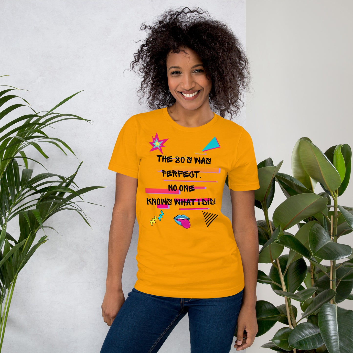 Hipyfi The '80s Was Perfect Unisex Graphic T-Shirt - Neon Pop Design, vibrant retro 80s style with bold typography and colorful graphics. gold-front-2