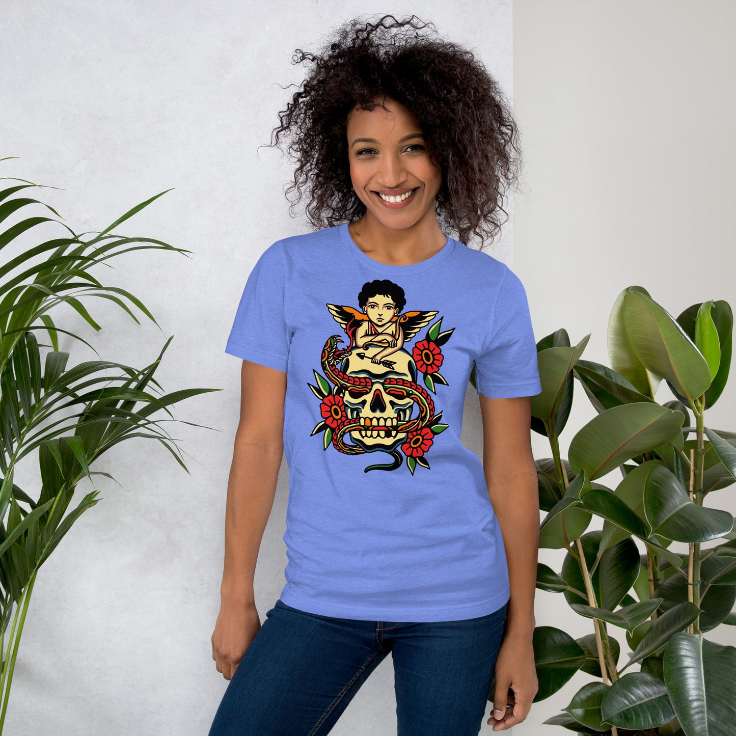 Unisex tattoo art T-shirt featuring cherub, skull, and snake design – Hipyfi vintage graphic tee. heather-columbia-blue-front