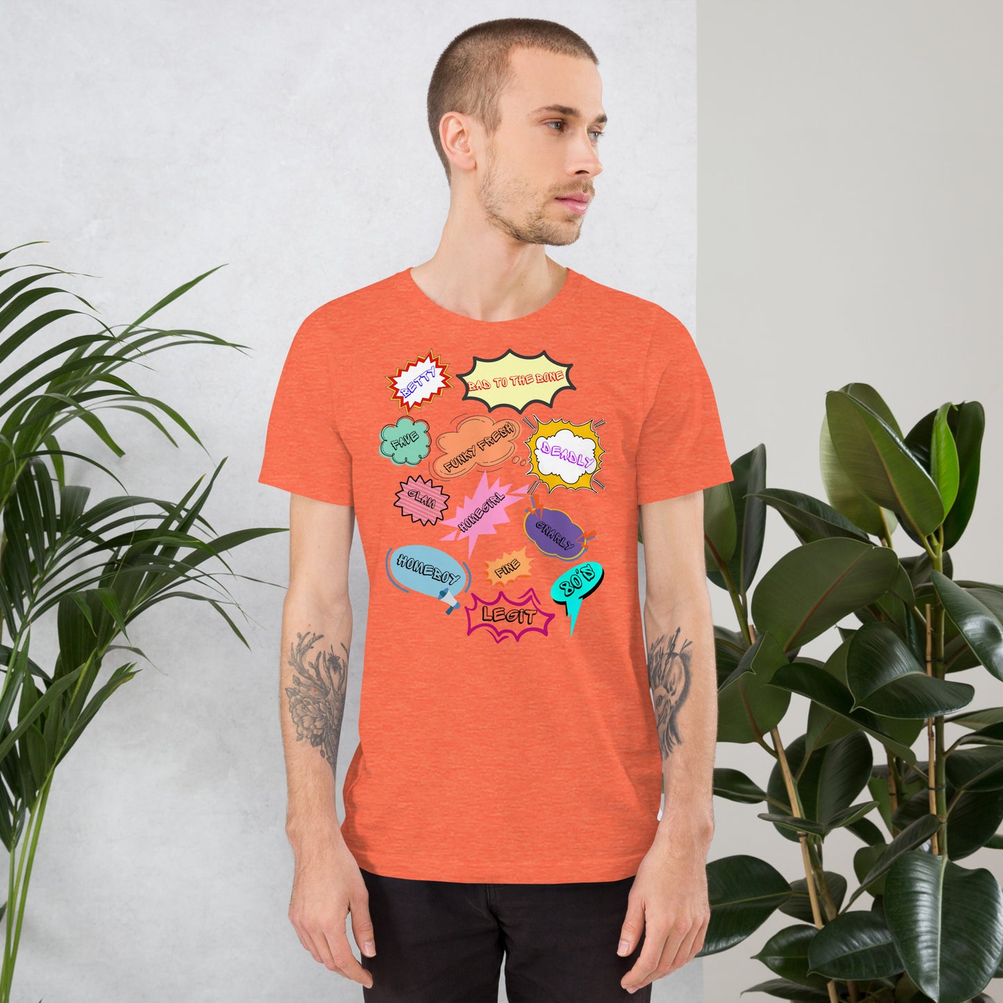 Unisex 80s graphic t-shirt with comic-style slang design by Hipyfi Clothes & Design. heather-orange-front-2