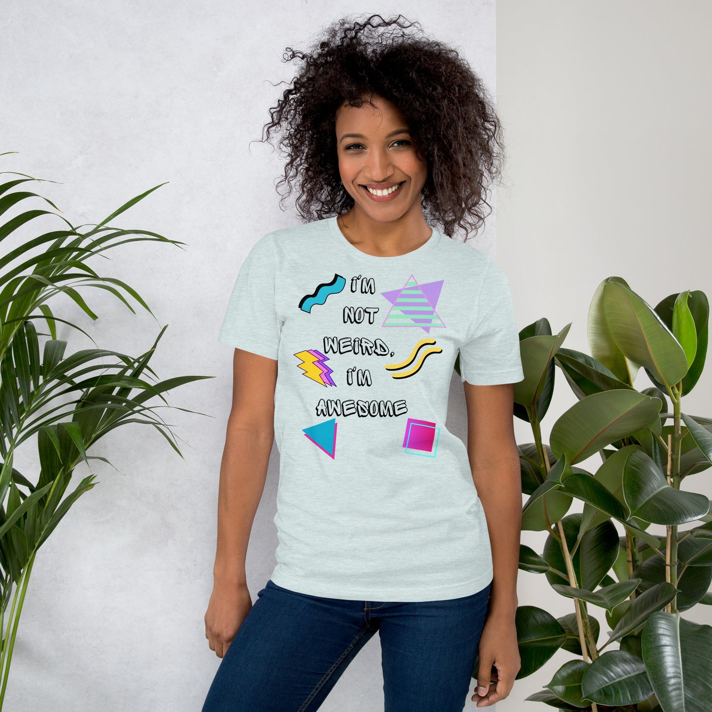 Unisex retro graphic t-shirt with 'I’m Not Weird I’m Awesome' 80s design by Hipyfi Clothes & Design. heather-prism-ice-blue-front-2