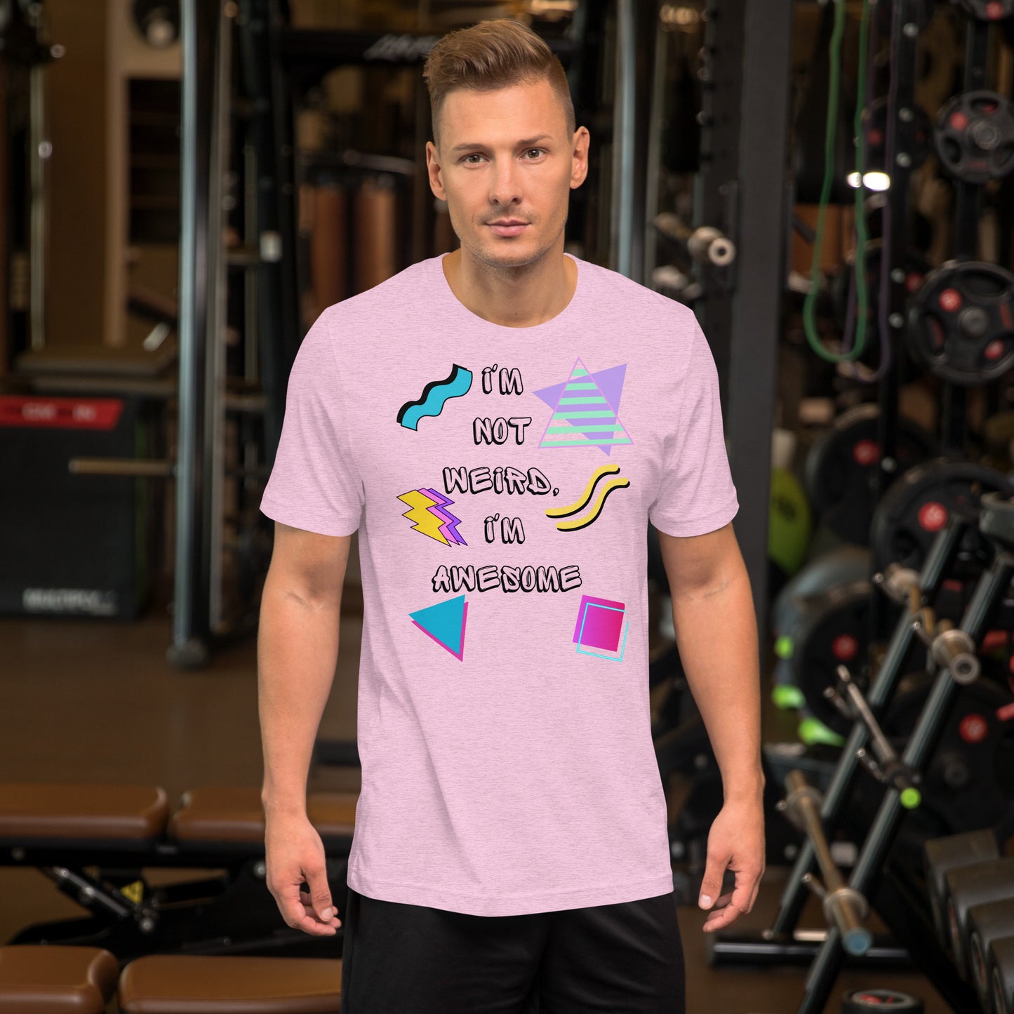 Unisex retro graphic t-shirt with 'I’m Not Weird I’m Awesome' 80s design by Hipyfi Clothes & Design. heather-prism-lilac-front