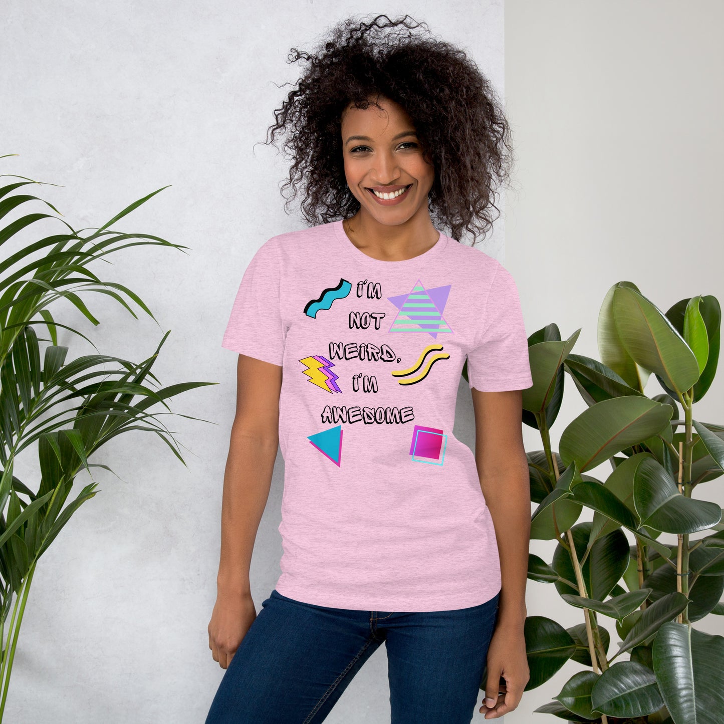 Unisex retro graphic t-shirt with 'I’m Not Weird I’m Awesome' 80s design by Hipyfi Clothes & Design. heather-prism-lilac-front-2