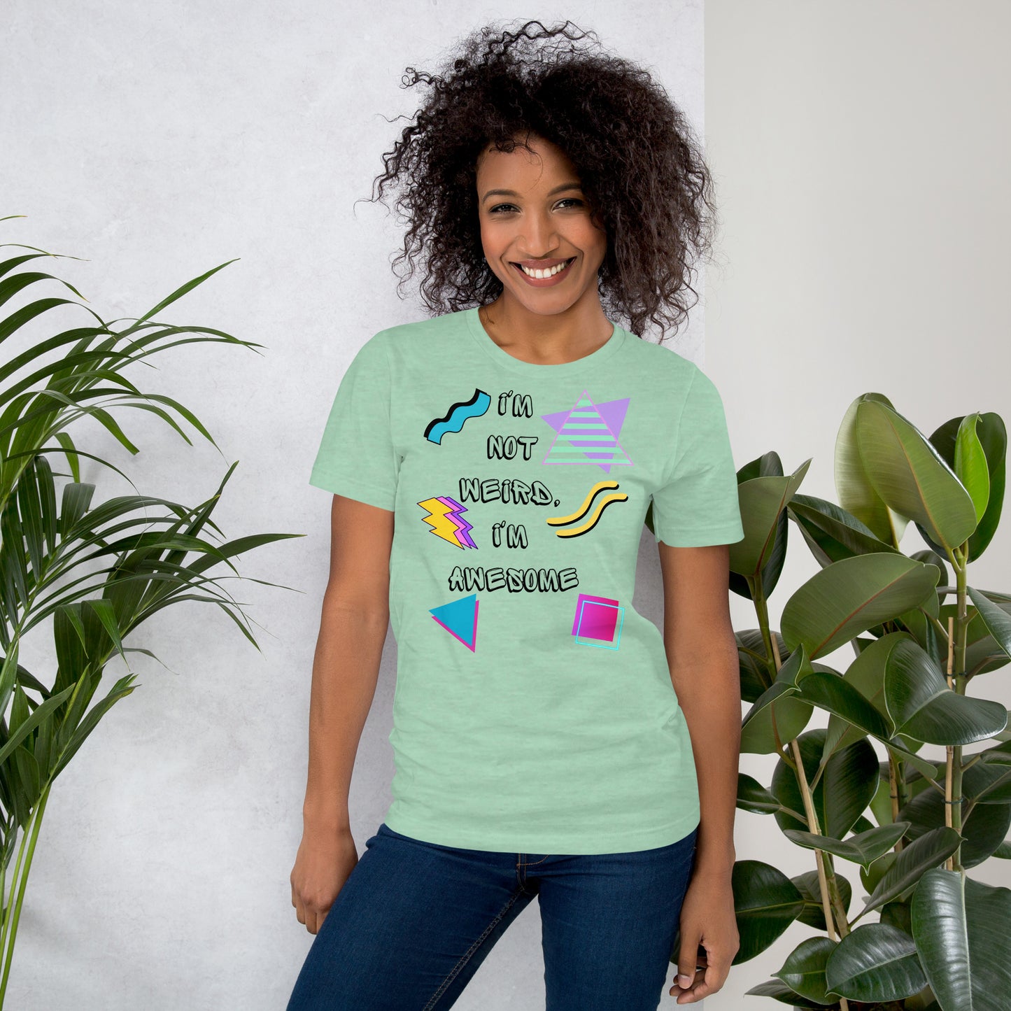 Unisex retro graphic t-shirt with 'I’m Not Weird I’m Awesome' 80s design by Hipyfi Clothes & Design. heather-prism-mint-front-2
