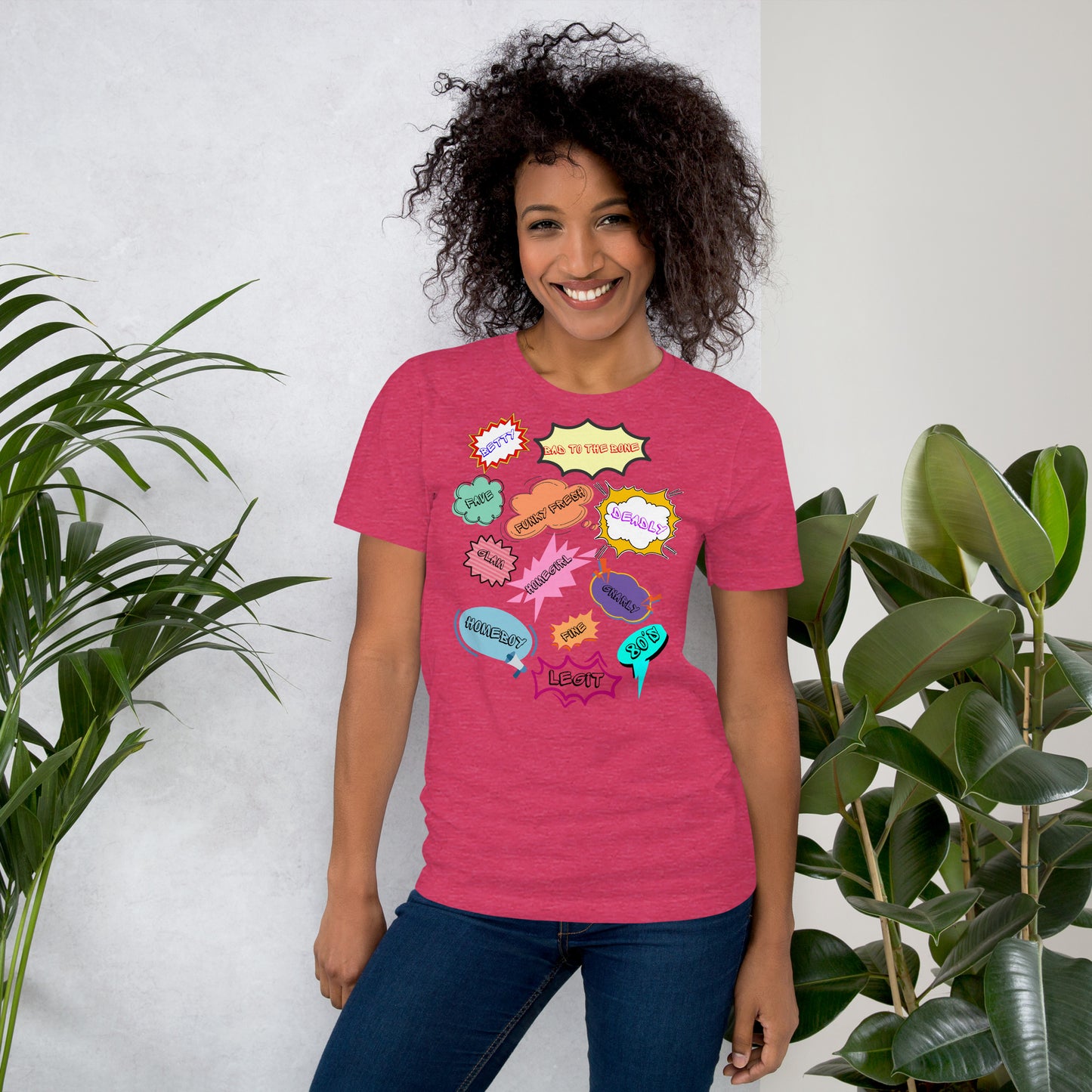 Unisex 80s graphic t-shirt with comic-style slang design by Hipyfi Clothes & Design. heather-raspberry-front