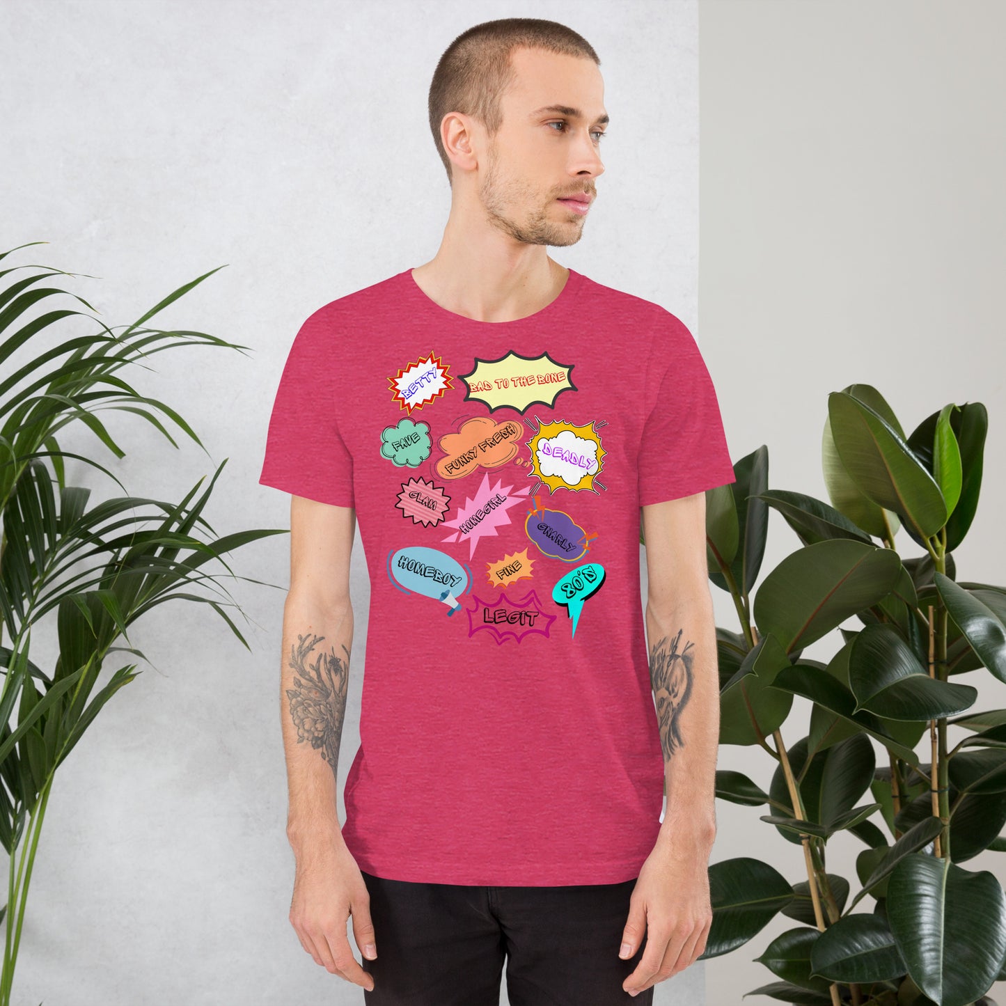 Unisex 80s graphic t-shirt with comic-style slang design by Hipyfi Clothes & Design. heather-raspberry-front-2