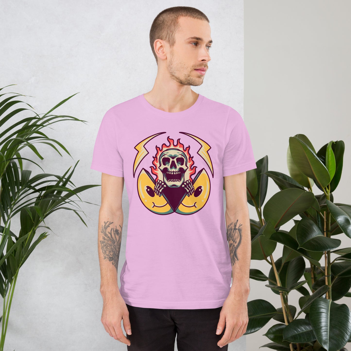 Hipyfi unisex graphic t-shirt featuring flame skull and surreal smiley design in streetwear style. lilac-front-2