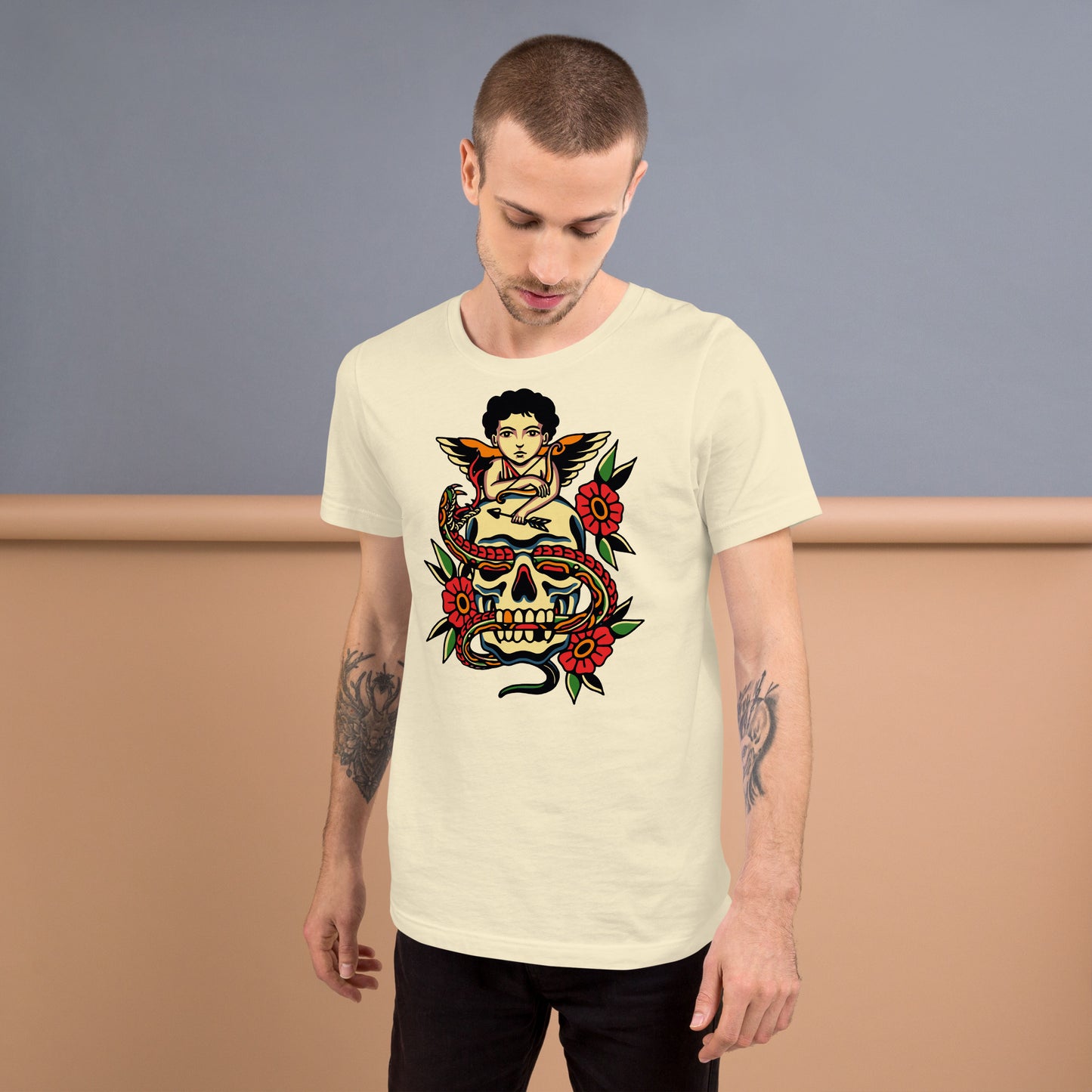 Unisex tattoo art T-shirt featuring cherub, skull, and snake design – Hipyfi vintage graphic tee. natural-front-2