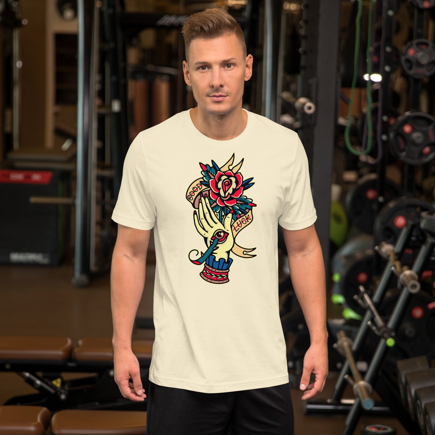 Unisex vintage tattoo t-shirt with good luck rose and hand design by Hipyfi Clothes & Design. natural-front