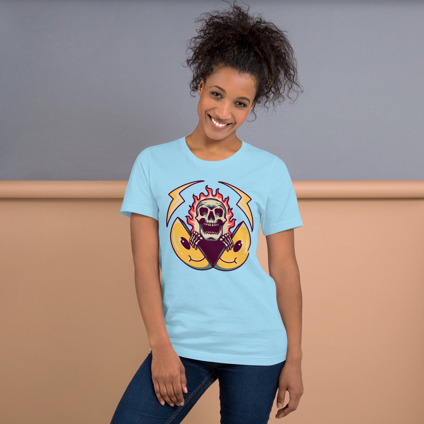 Hipyfi unisex graphic t-shirt featuring flame skull and surreal smiley design in streetwear style. ocean-blue-front