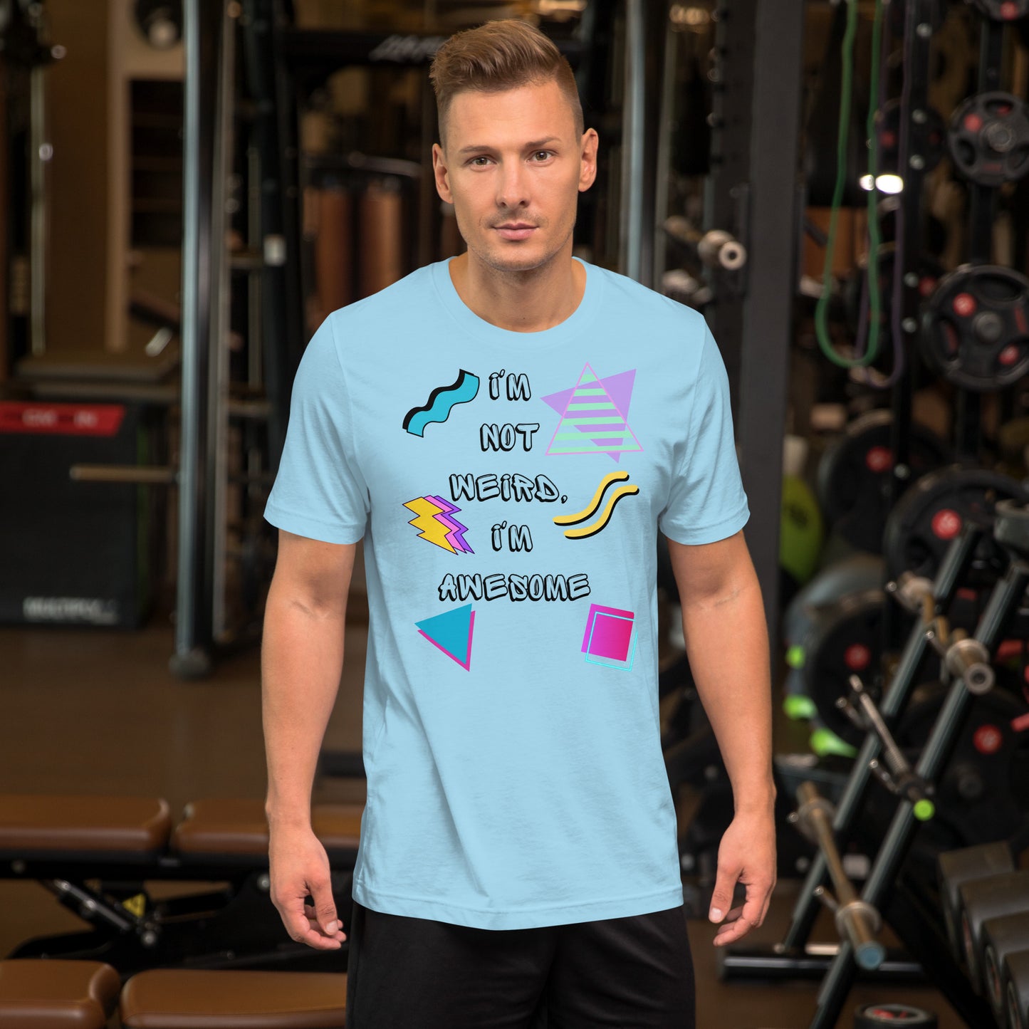 Unisex retro graphic t-shirt with 'I’m Not Weird I’m Awesome' 80s design by Hipyfi Clothes & Design. ocean-blue-front