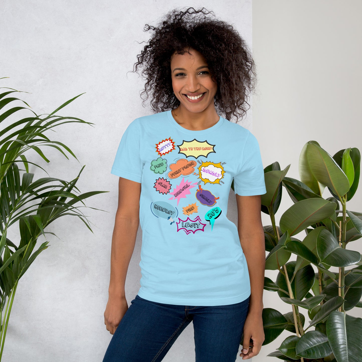 Unisex 80s graphic t-shirt with comic-style slang design by Hipyfi Clothes & Design. ocean-blue-front