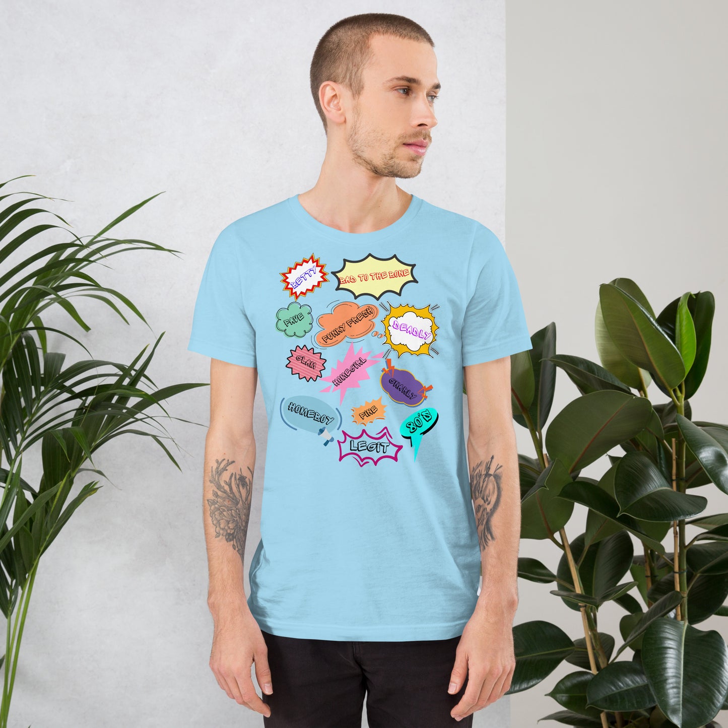 Unisex 80s graphic t-shirt with comic-style slang design by Hipyfi Clothes & Design. ocean-blue-front-2