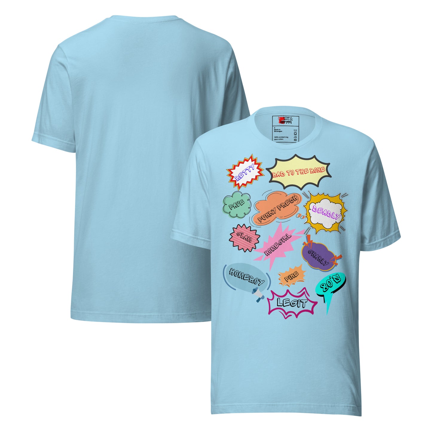 Unisex 80s graphic t-shirt with comic-style slang design by Hipyfi Clothes & Design. ocean-blue-front-and-back