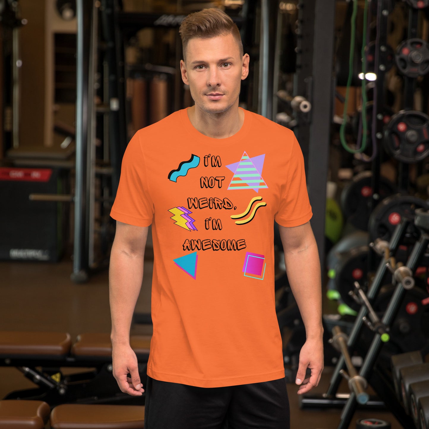 Unisex retro graphic t-shirt with 'I’m Not Weird I’m Awesome' 80s design by Hipyfi Clothes & Design. orange-front