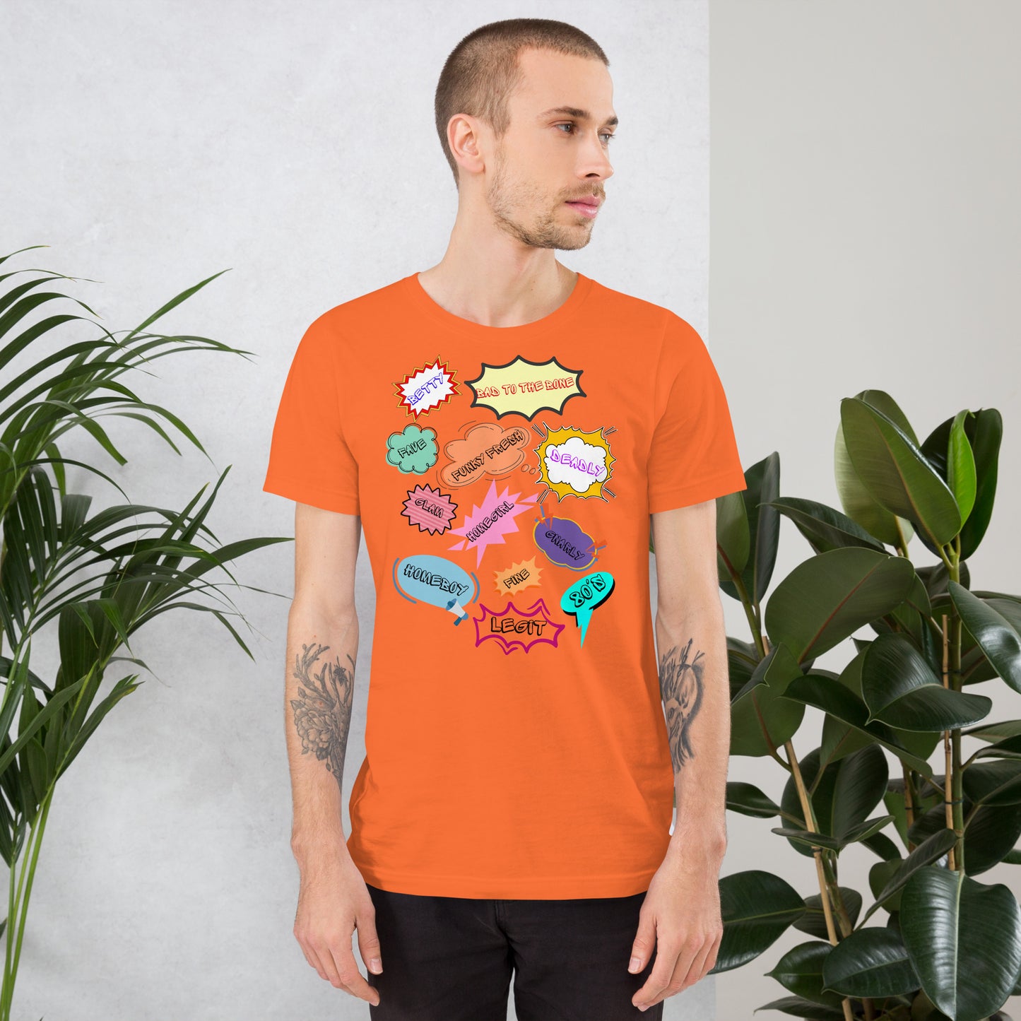 Unisex 80s graphic t-shirt with comic-style slang design by Hipyfi Clothes & Design. orange-front-2