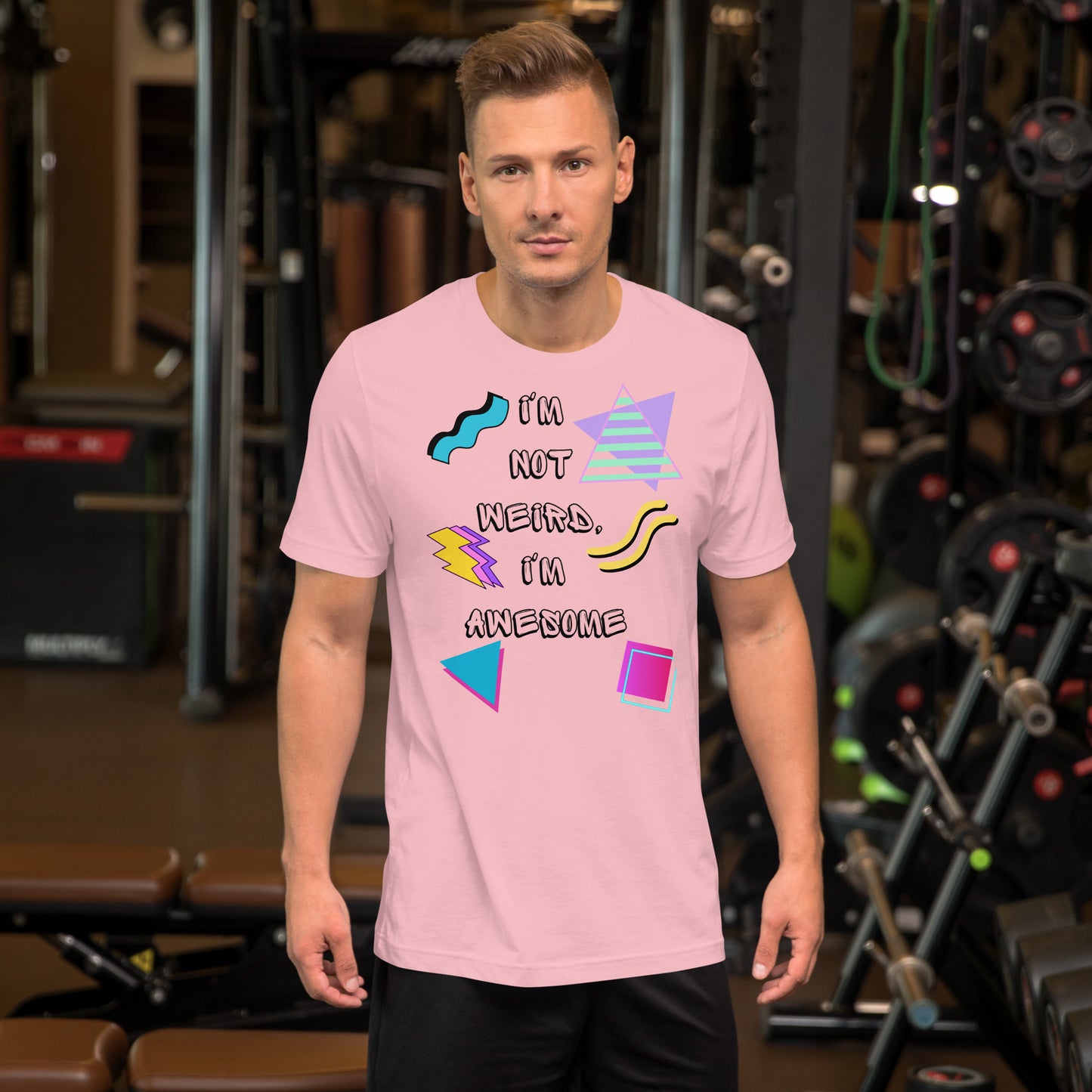 Unisex retro graphic t-shirt with 'I’m Not Weird I’m Awesome' 80s design by Hipyfi Clothes & Design. pink-front
