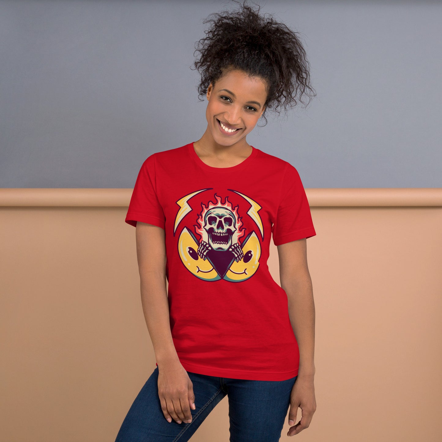 Hipyfi unisex graphic t-shirt featuring flame skull and surreal smiley design in streetwear style. red-front