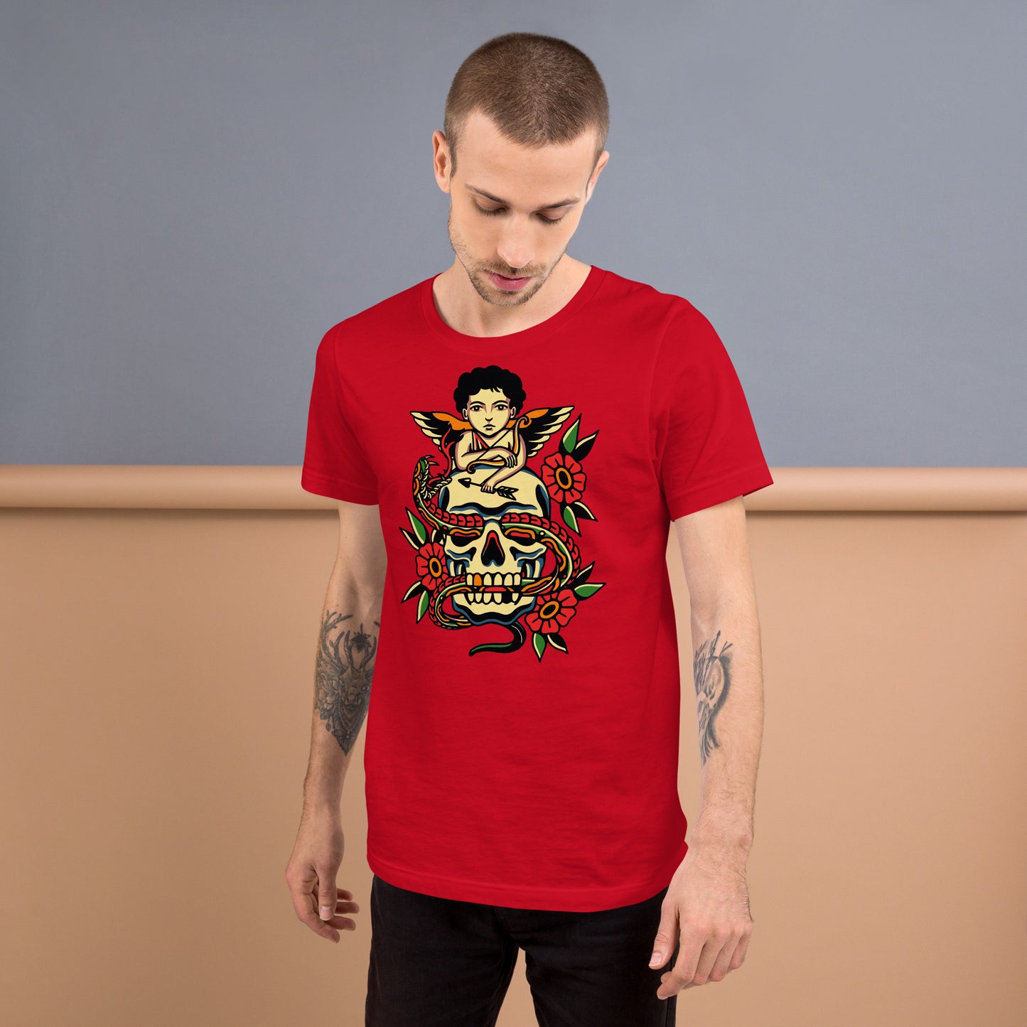 Unisex tattoo art T-shirt featuring cherub, skull, and snake design – Hipyfi vintage graphic tee. red-front-2