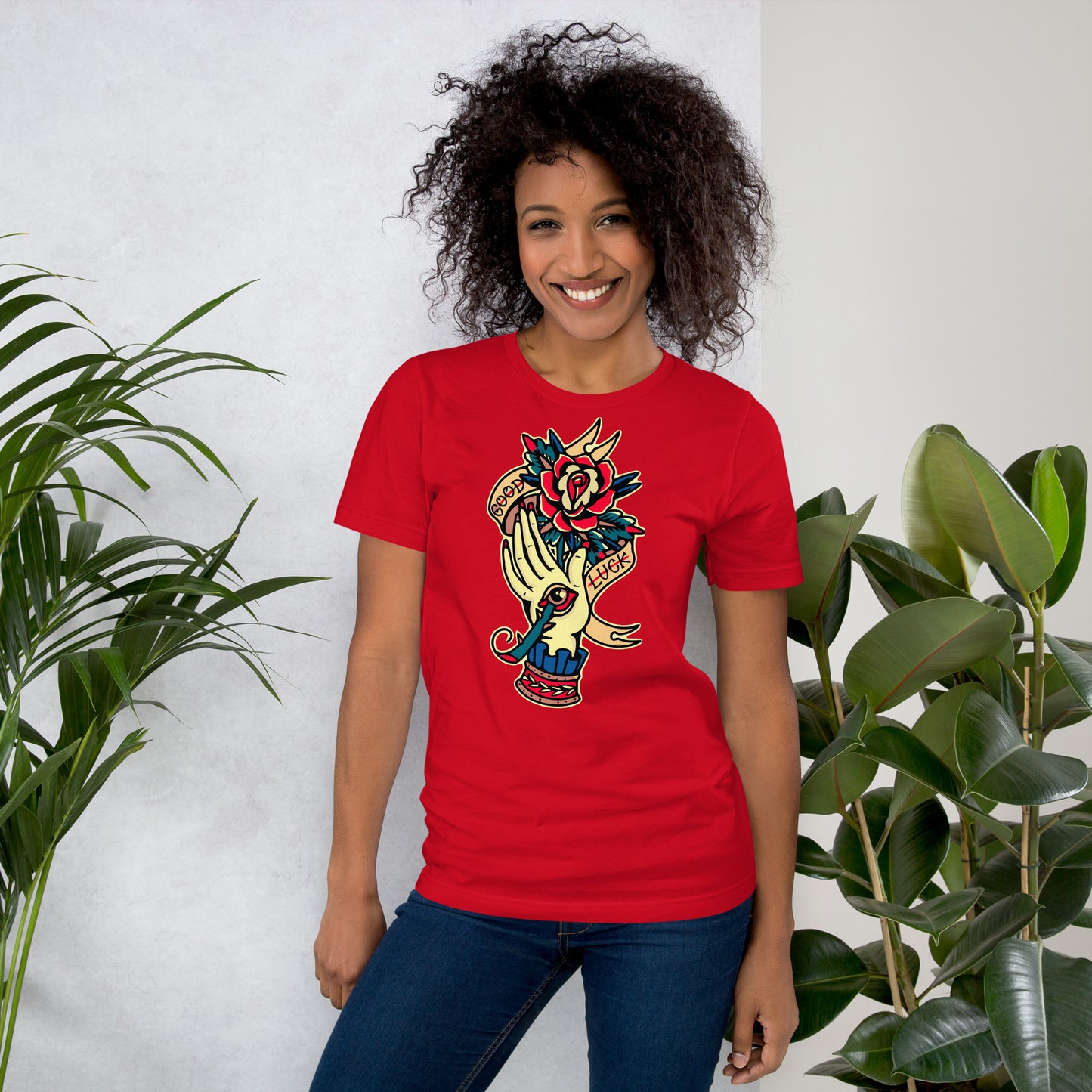 Unisex vintage tattoo t-shirt with good luck rose and hand design by Hipyfi Clothes & Design. red-front-2