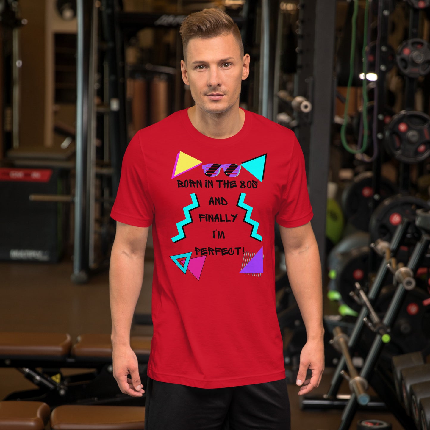 Hipyfi Unisex 80s Retro T-Shirt – Born in the 80s, Perfected for Today, featuring bold 80s graphic design and retro typography. red-front