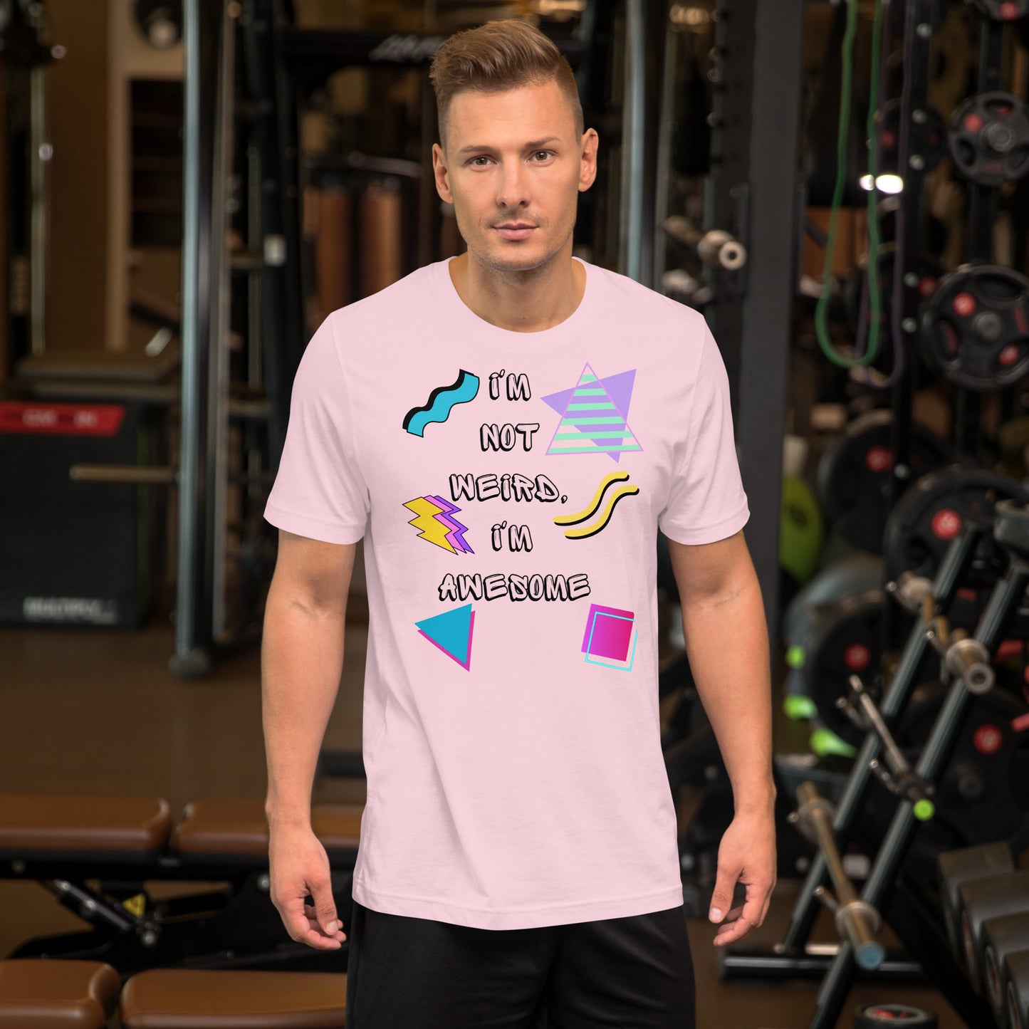 Unisex retro graphic t-shirt with 'I’m Not Weird I’m Awesome' 80s design by Hipyfi Clothes & Design. soft-pink-front