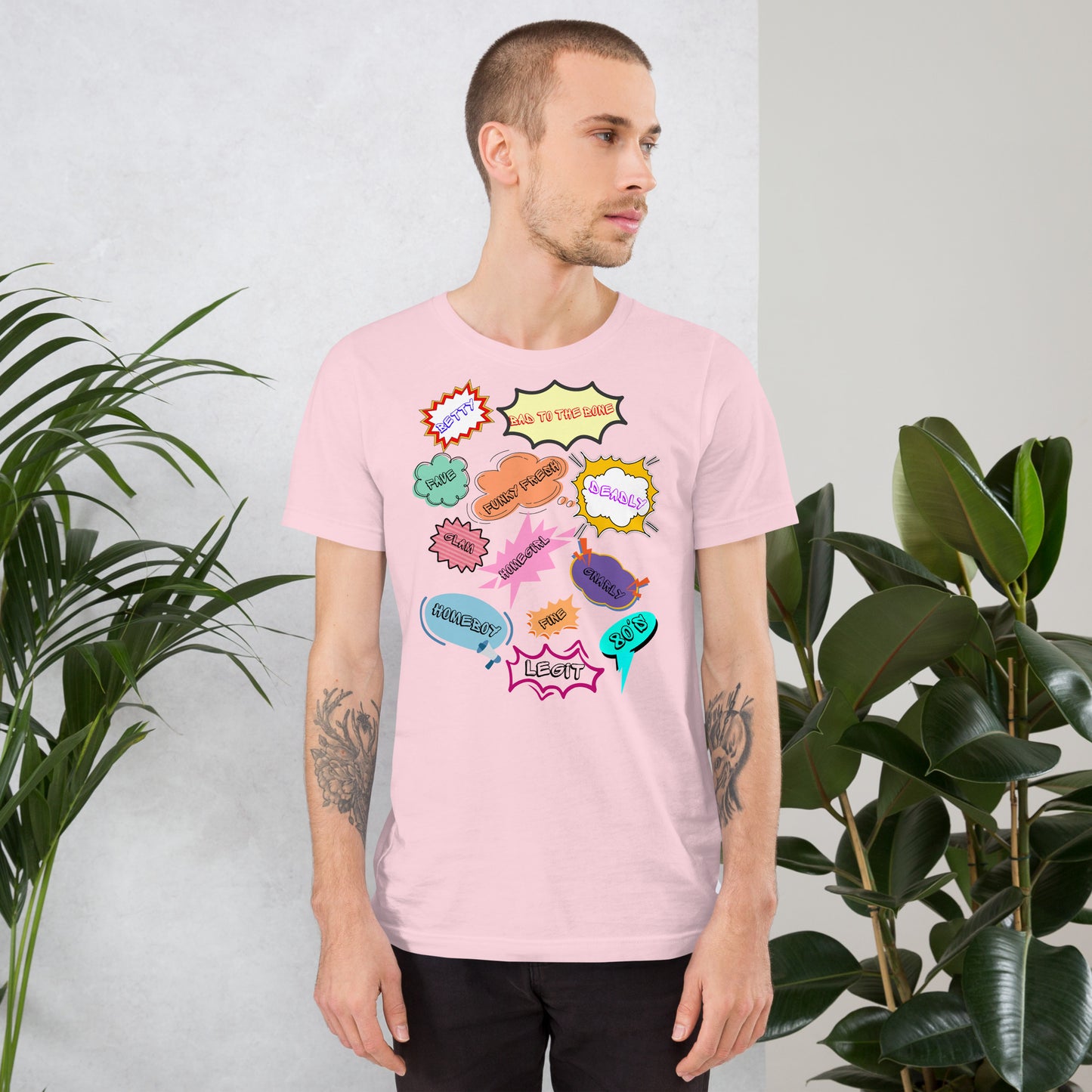 Unisex 80s graphic t-shirt with comic-style slang design by Hipyfi Clothes & Design. soft-pink-front-2