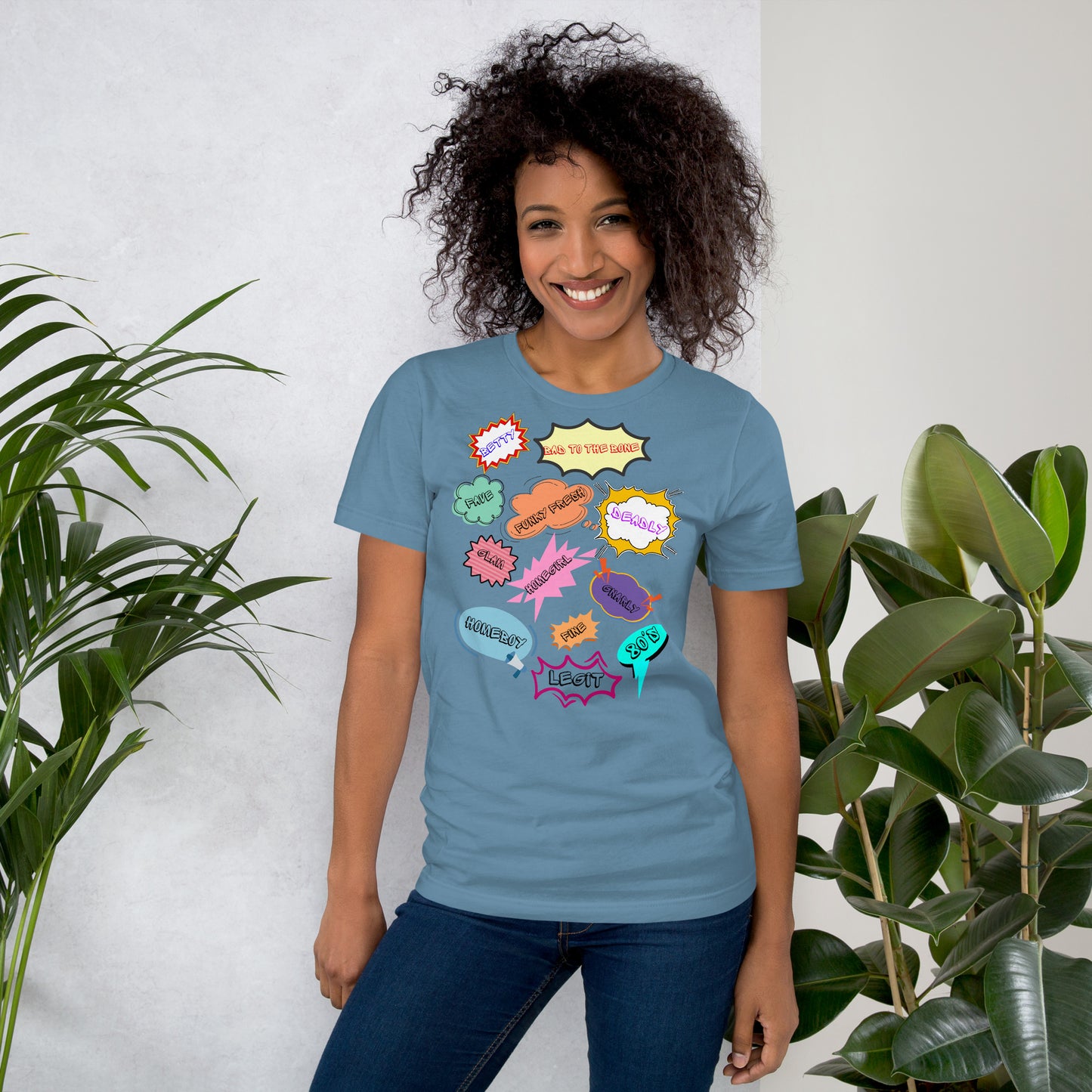 Unisex 80s graphic t-shirt with comic-style slang design by Hipyfi Clothes & Design. steel-blue-front
