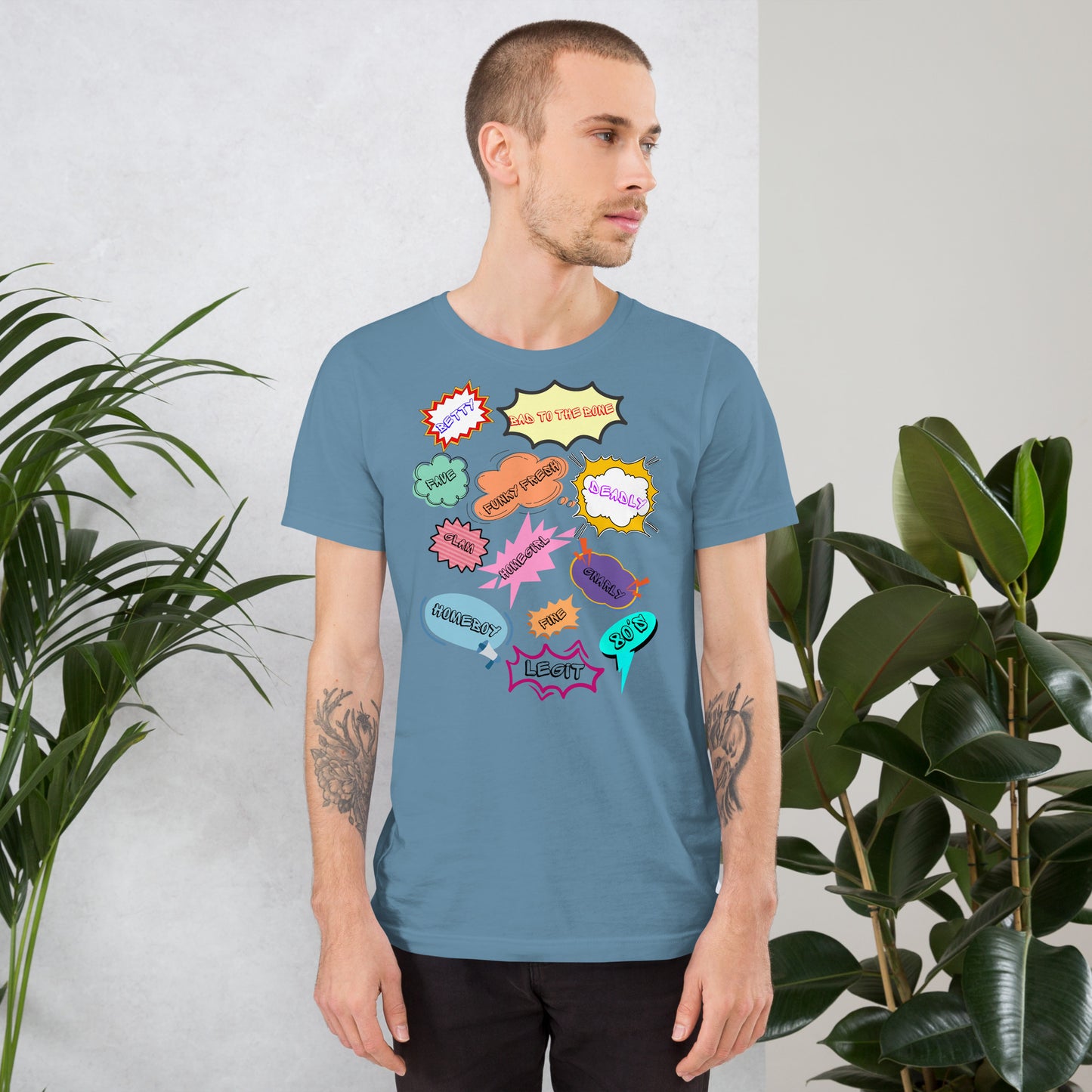 Unisex 80s graphic t-shirt with comic-style slang design by Hipyfi Clothes & Design. steel-blue-front-2