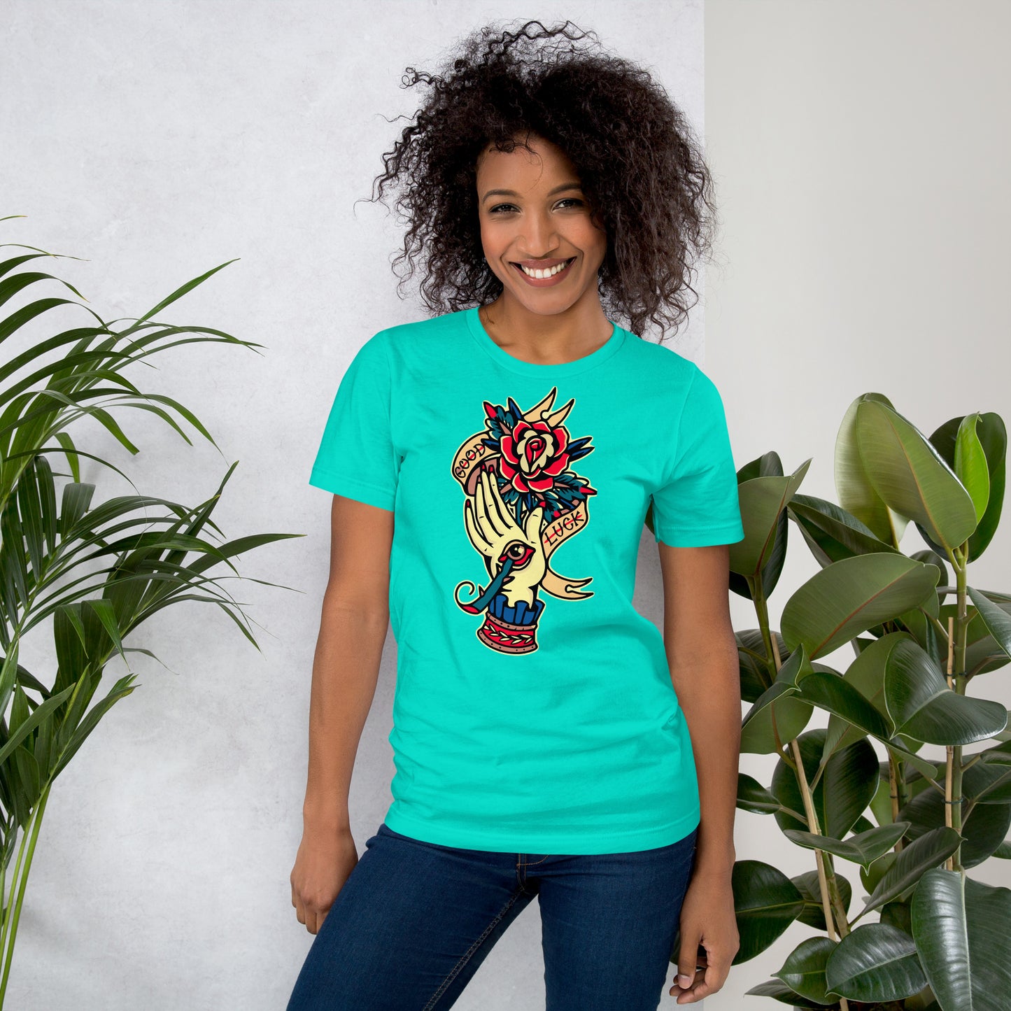 Unisex vintage tattoo t-shirt with good luck rose and hand design by Hipyfi Clothes & Design. teal-front-2