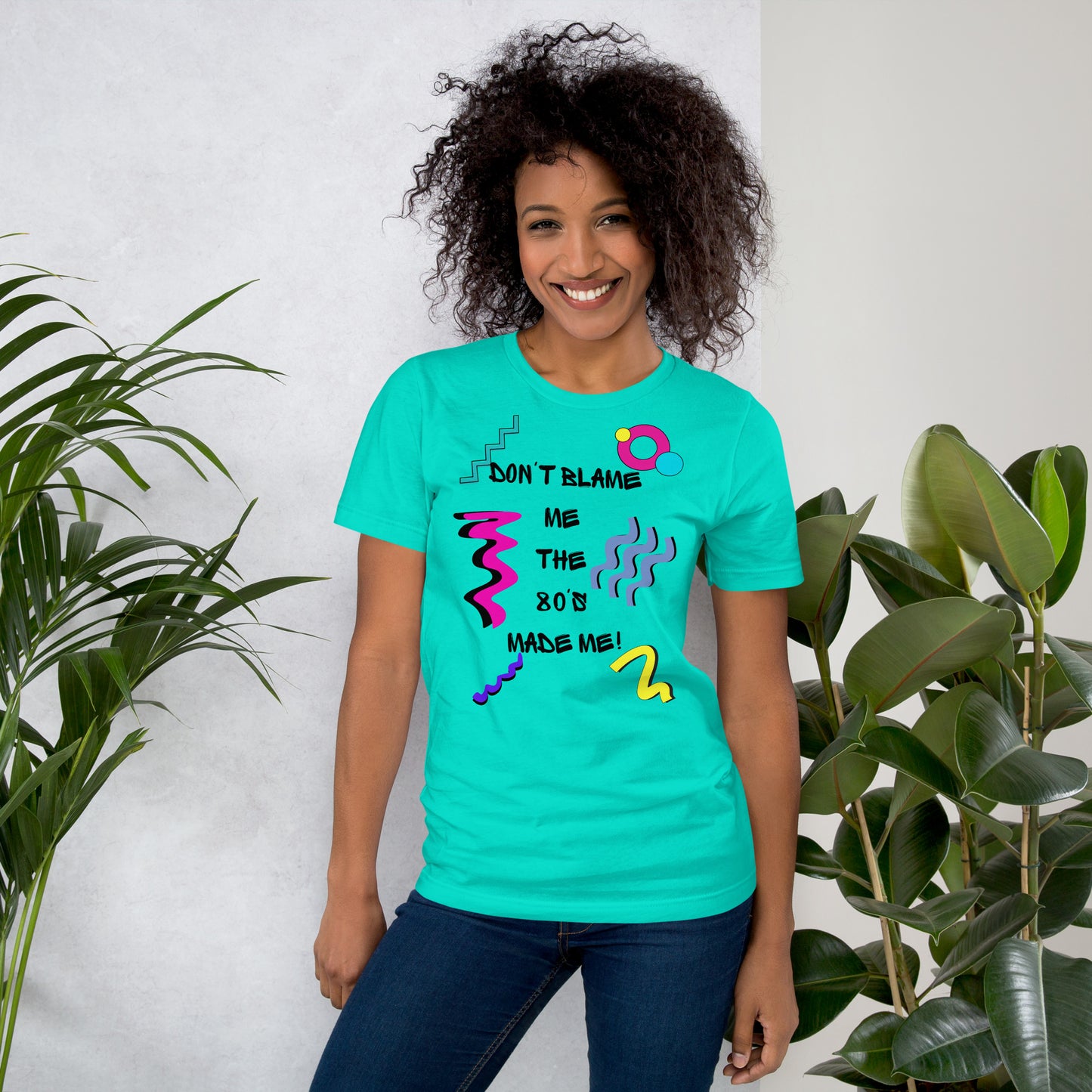 Unisex 80s Retro Graphic T-Shirt with 'Don’t Blame Me, the 80s Made Me' design – Hipyfi Clothes & Design. teal-front-2