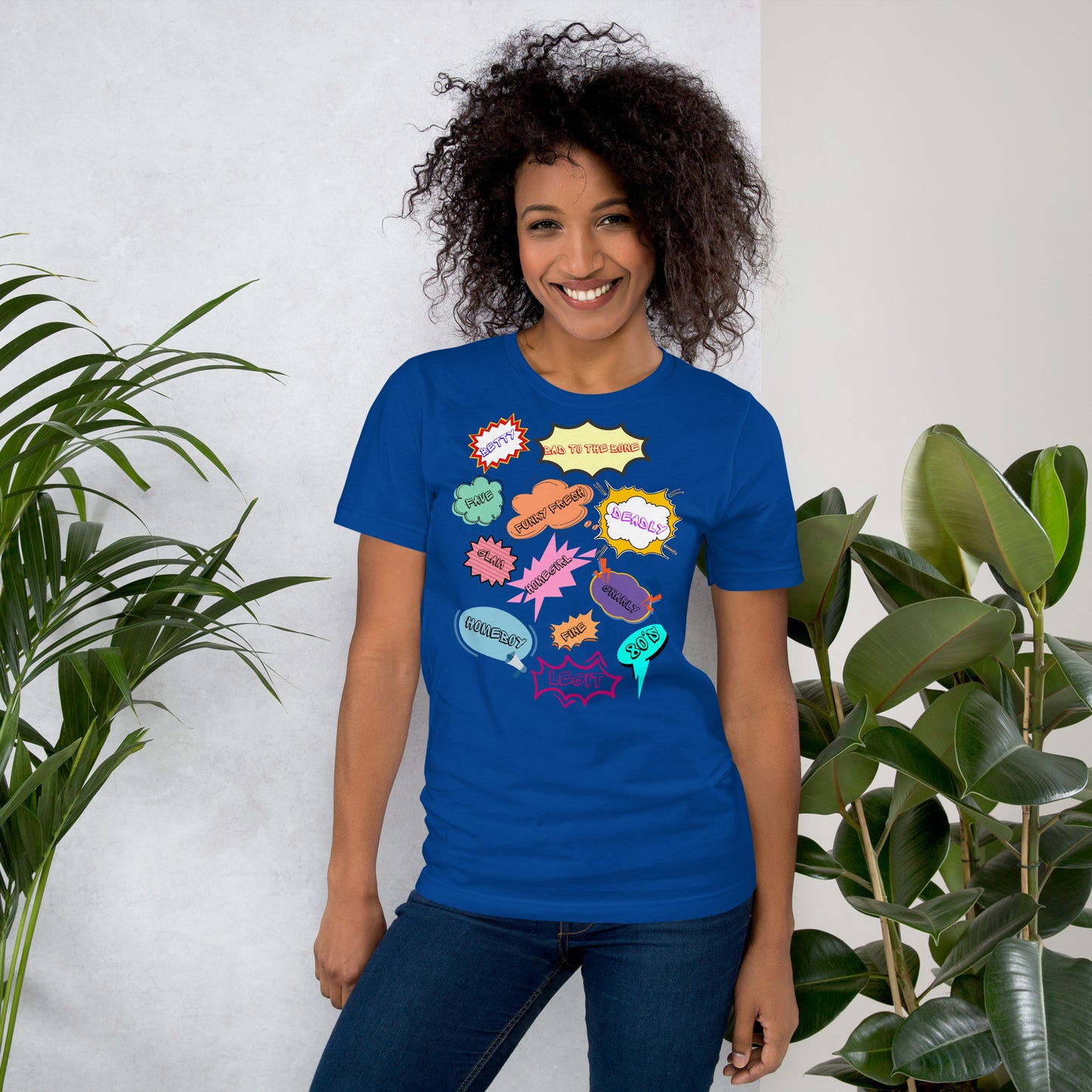 Unisex 80s graphic t-shirt with comic-style slang design by Hipyfi Clothes & Design. true-royal-front