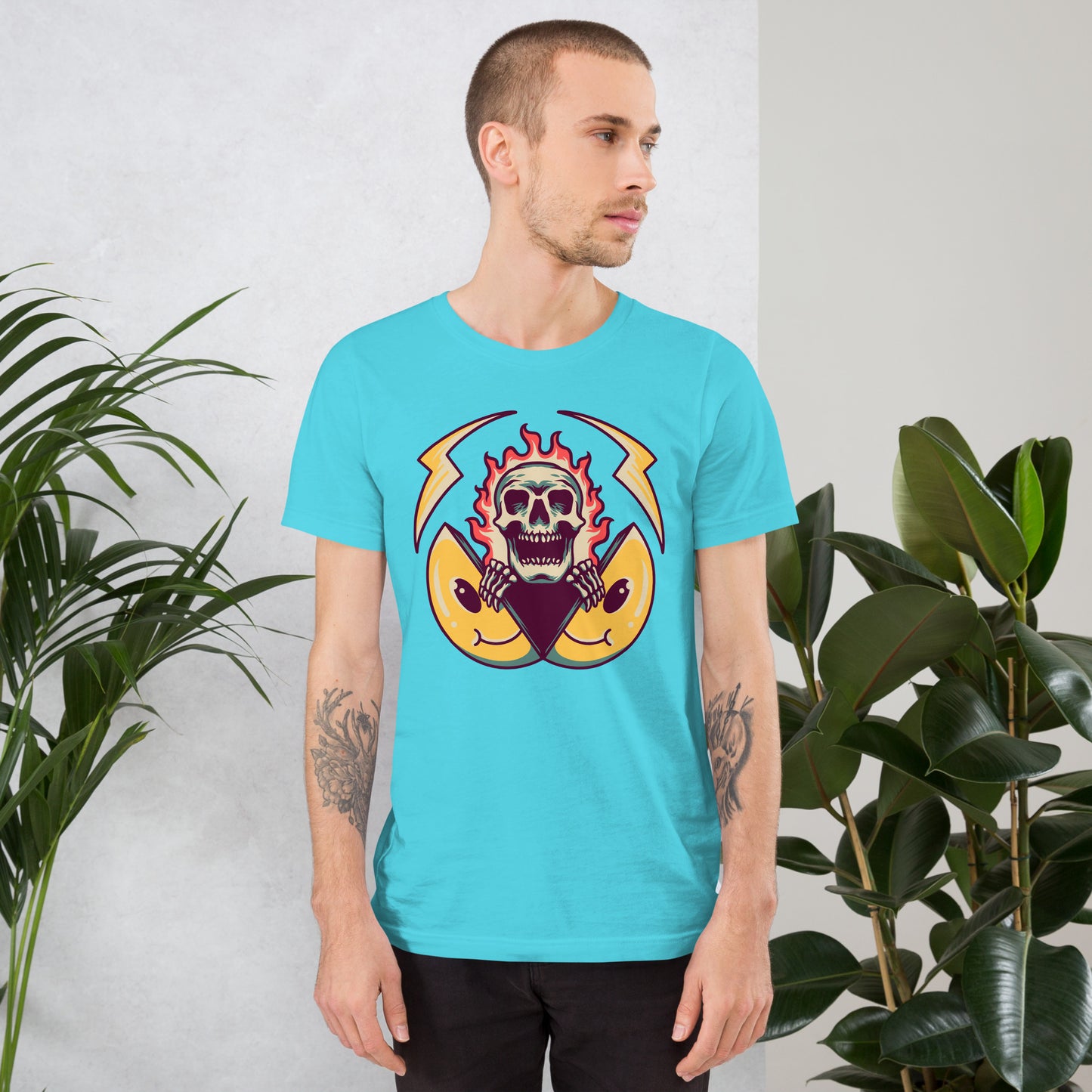 Hipyfi unisex graphic t-shirt featuring flame skull and surreal smiley design in streetwear style. turquoise-front-2