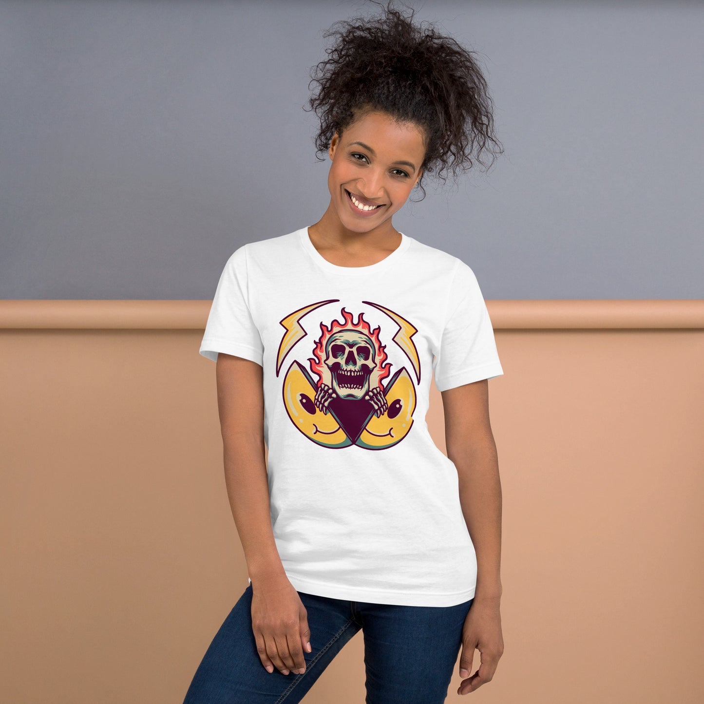 Hipyfi unisex graphic t-shirt featuring flame skull and surreal smiley design in streetwear style. white-front