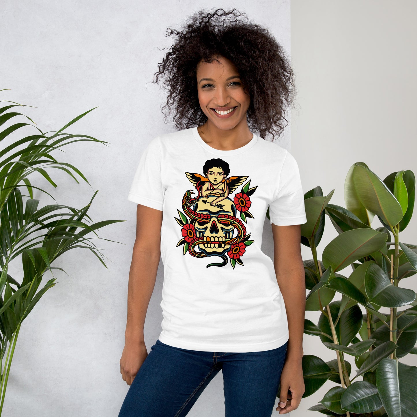 Unisex tattoo art T-shirt featuring cherub, skull, and snake design – Hipyfi vintage graphic tee. white-front