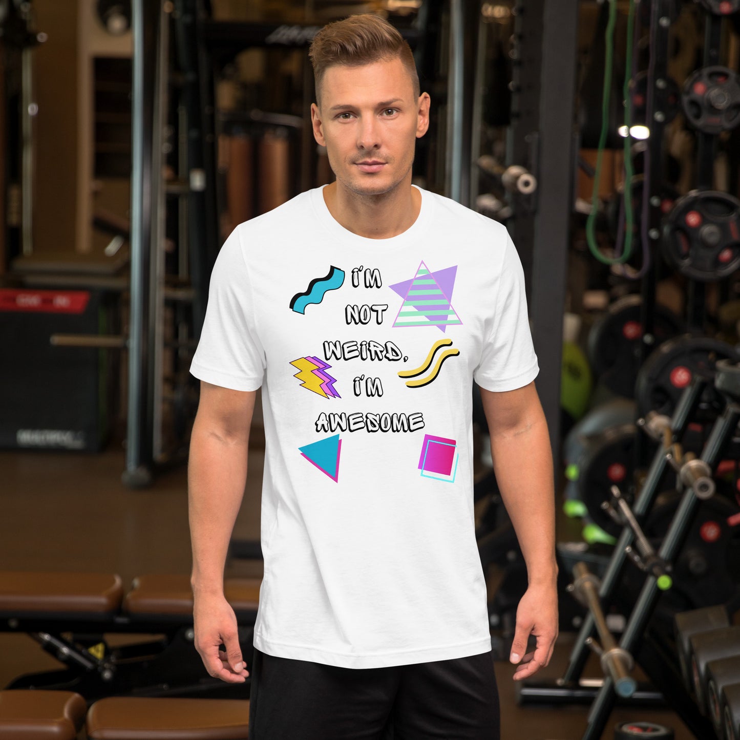 Unisex retro graphic t-shirt with 'I’m Not Weird I’m Awesome' 80s design by Hipyfi Clothes & Design. white-front