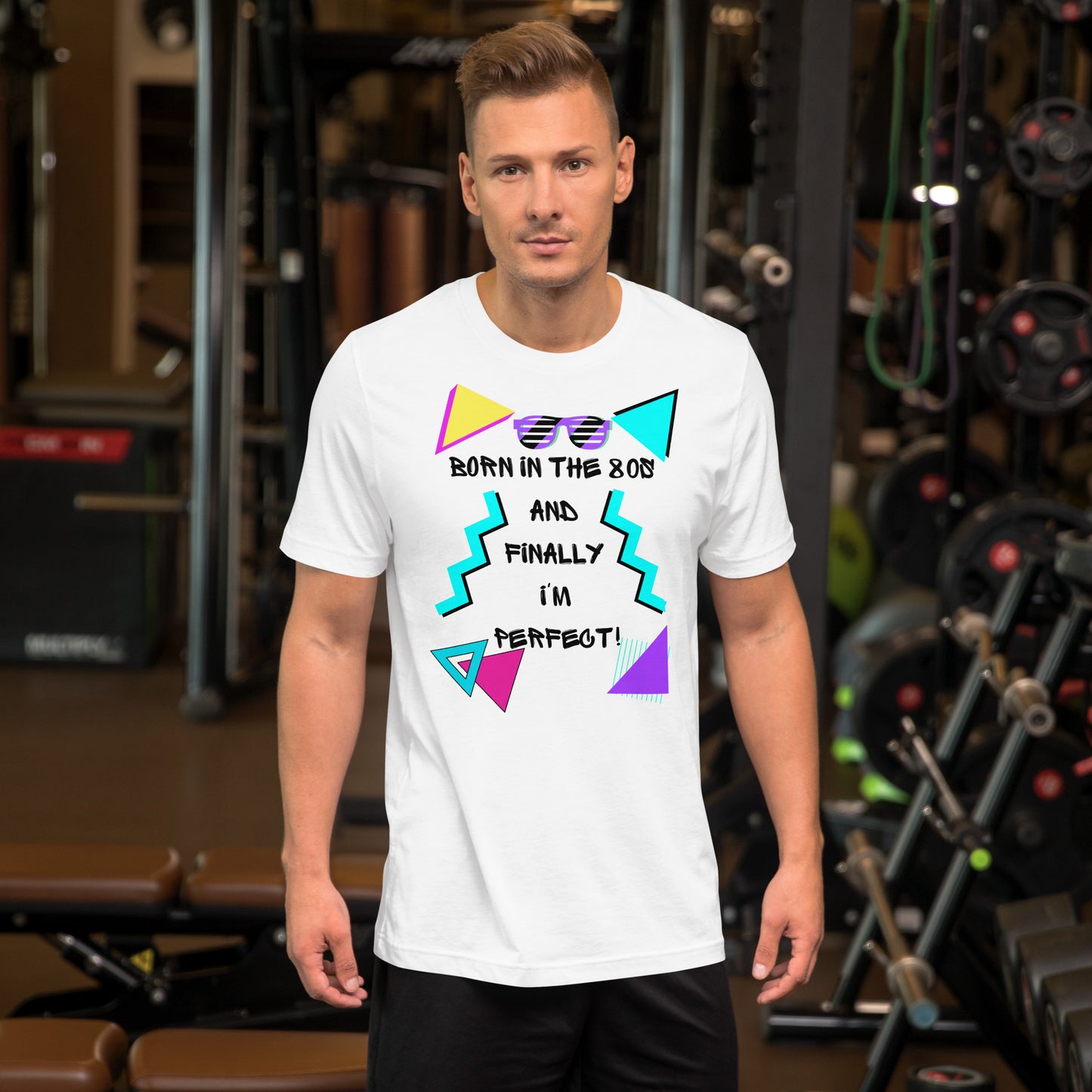 Hipyfi Unisex 80s Retro T-Shirt – Born in the 80s, Perfected for Today, featuring bold 80s graphic design and retro typography. white-front