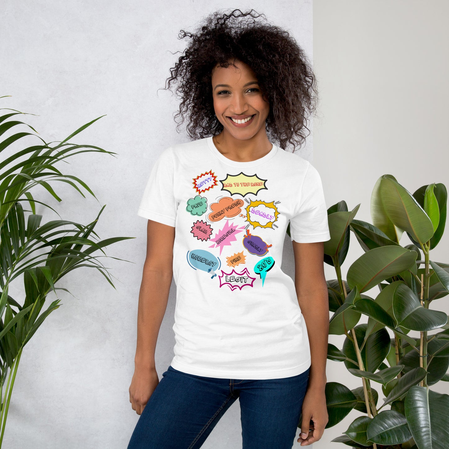 Unisex Retro 80s Pop Art Slang T-Shirt with Colorful Comic Speech Bubbles – Hipyfi Clothes & Design. Front-2