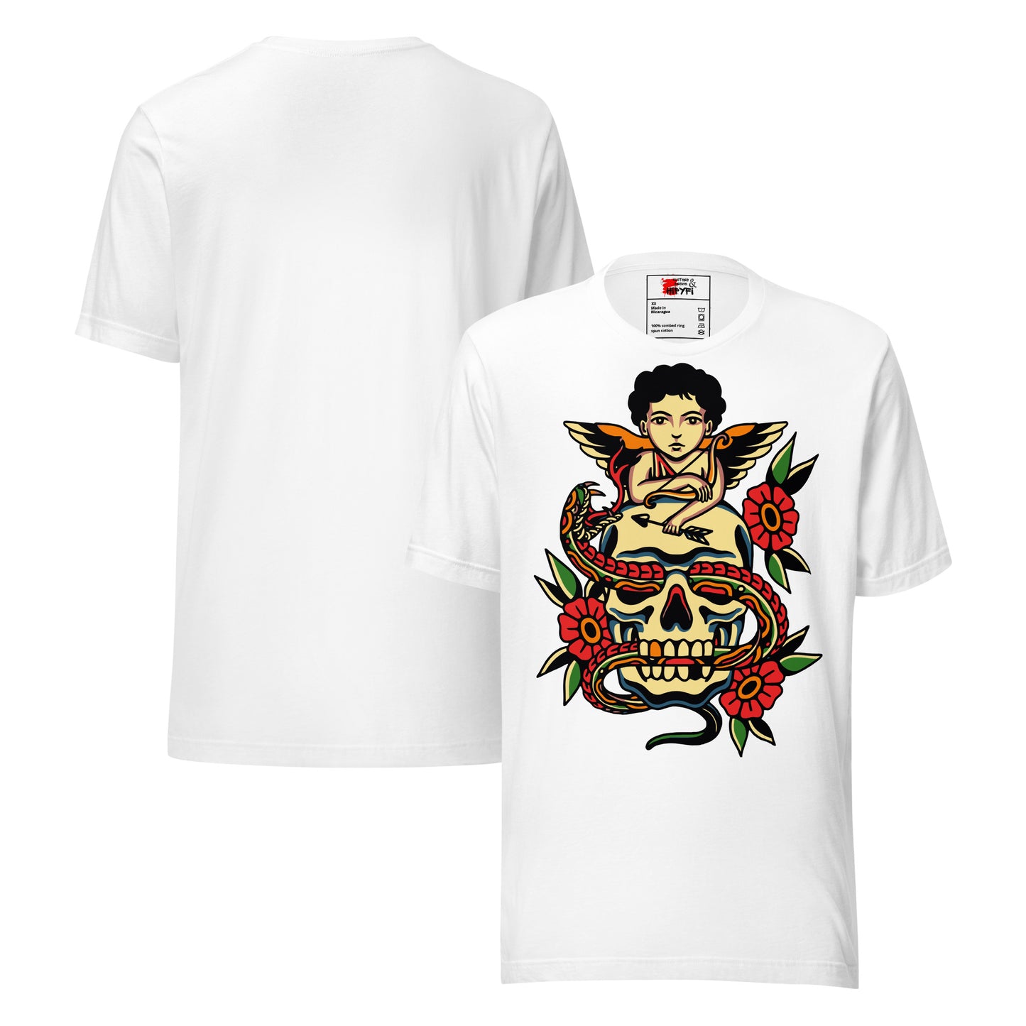 Unisex tattoo art T-shirt featuring cherub, skull, and snake design – Hipyfi vintage graphic tee. white-front-3