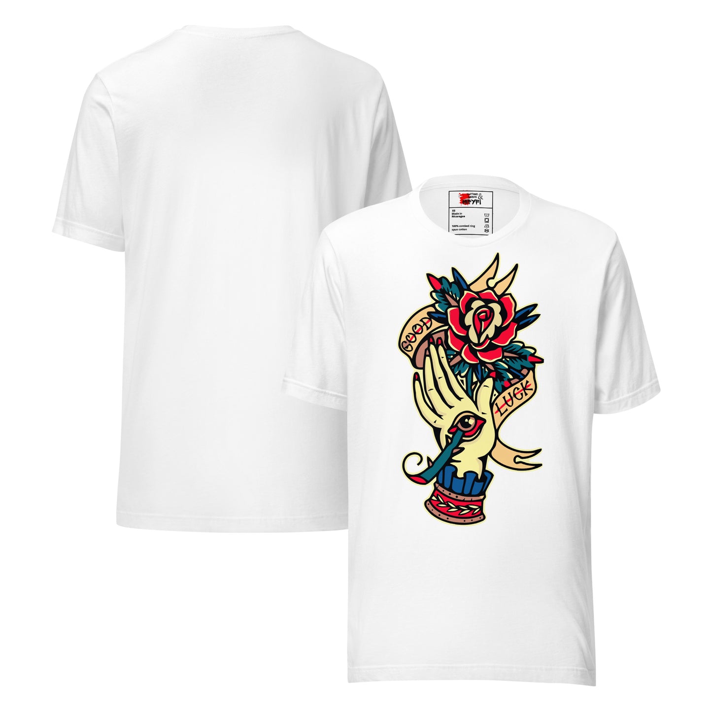 Unisex vintage tattoo t-shirt with good luck rose and hand design by Hipyfi Clothes & Design. white-front-and-back