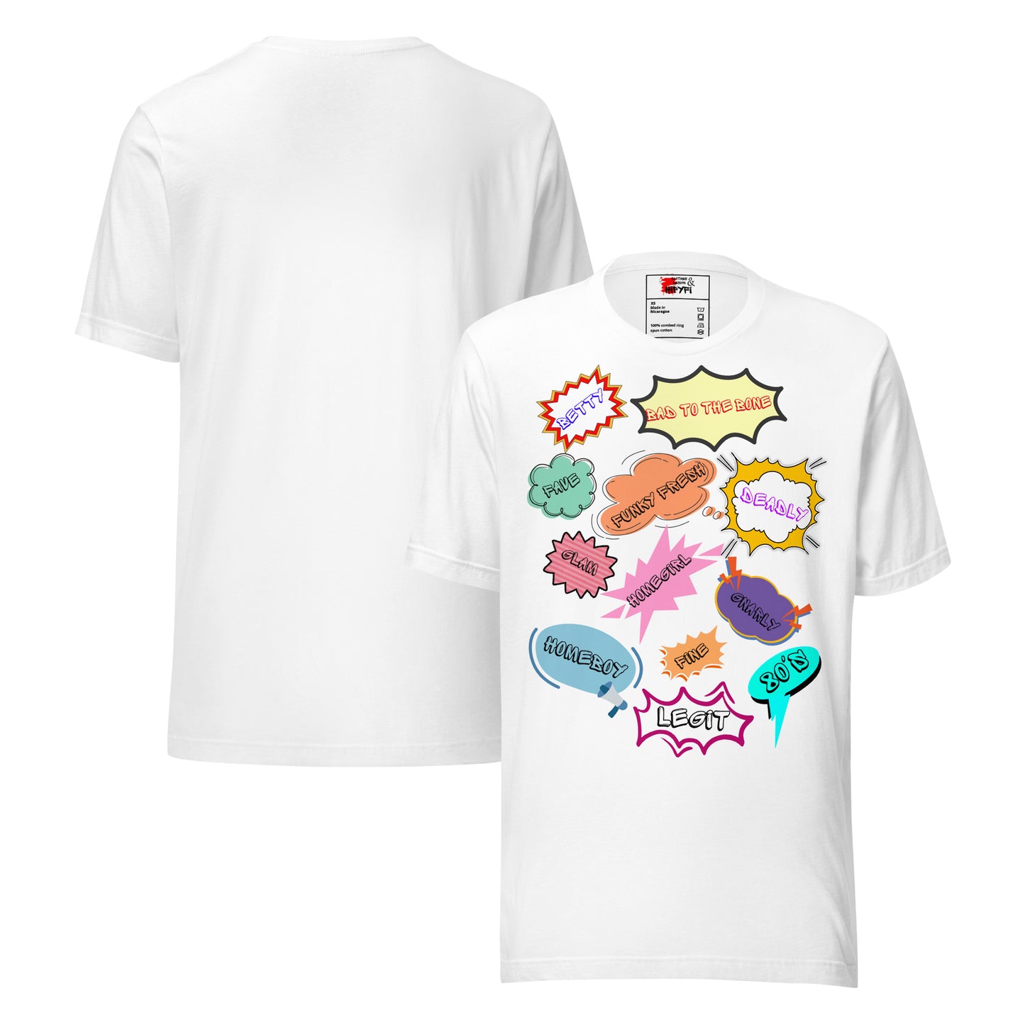 Unisex 80s graphic t-shirt with comic-style slang design by Hipyfi Clothes & Design. white-front-and-back